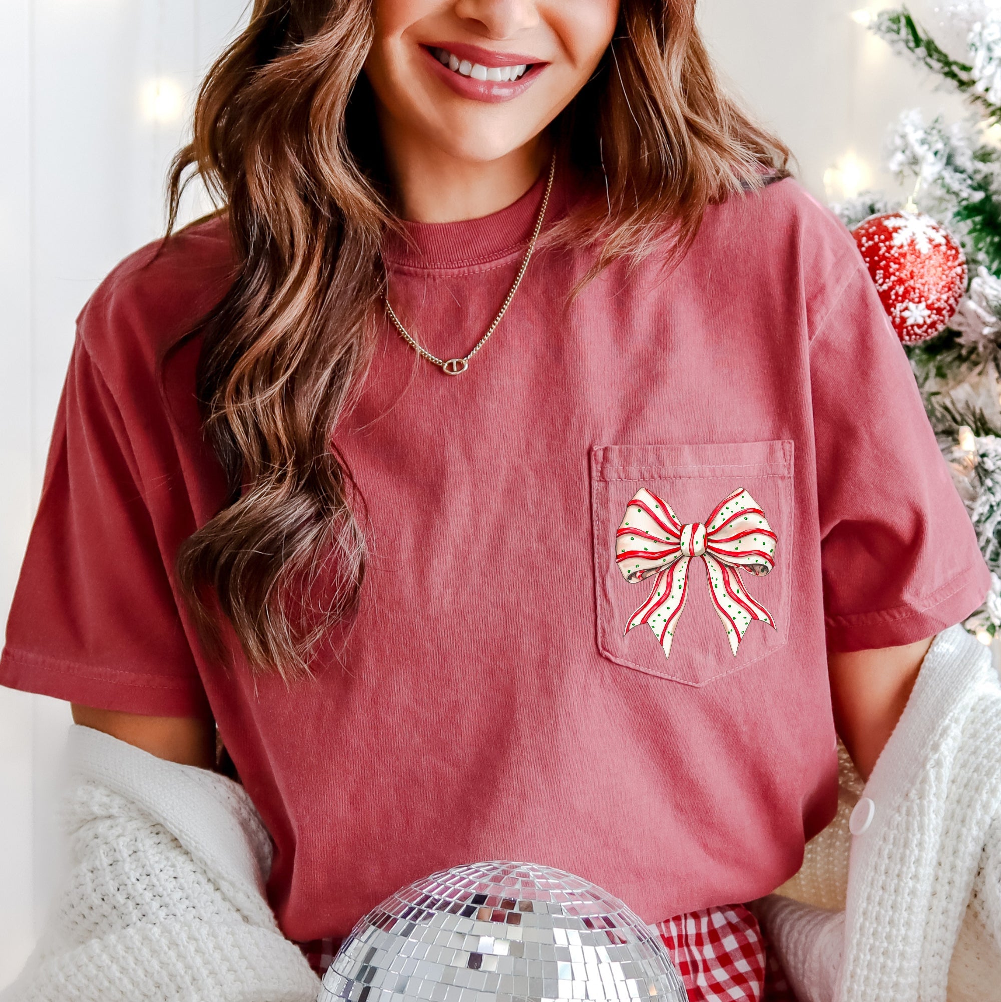 Christmas Cake Ribbon Bow Festive Holiday Vintage Inspired Classic Timeless Festival Favorite Comfort Colors Tee