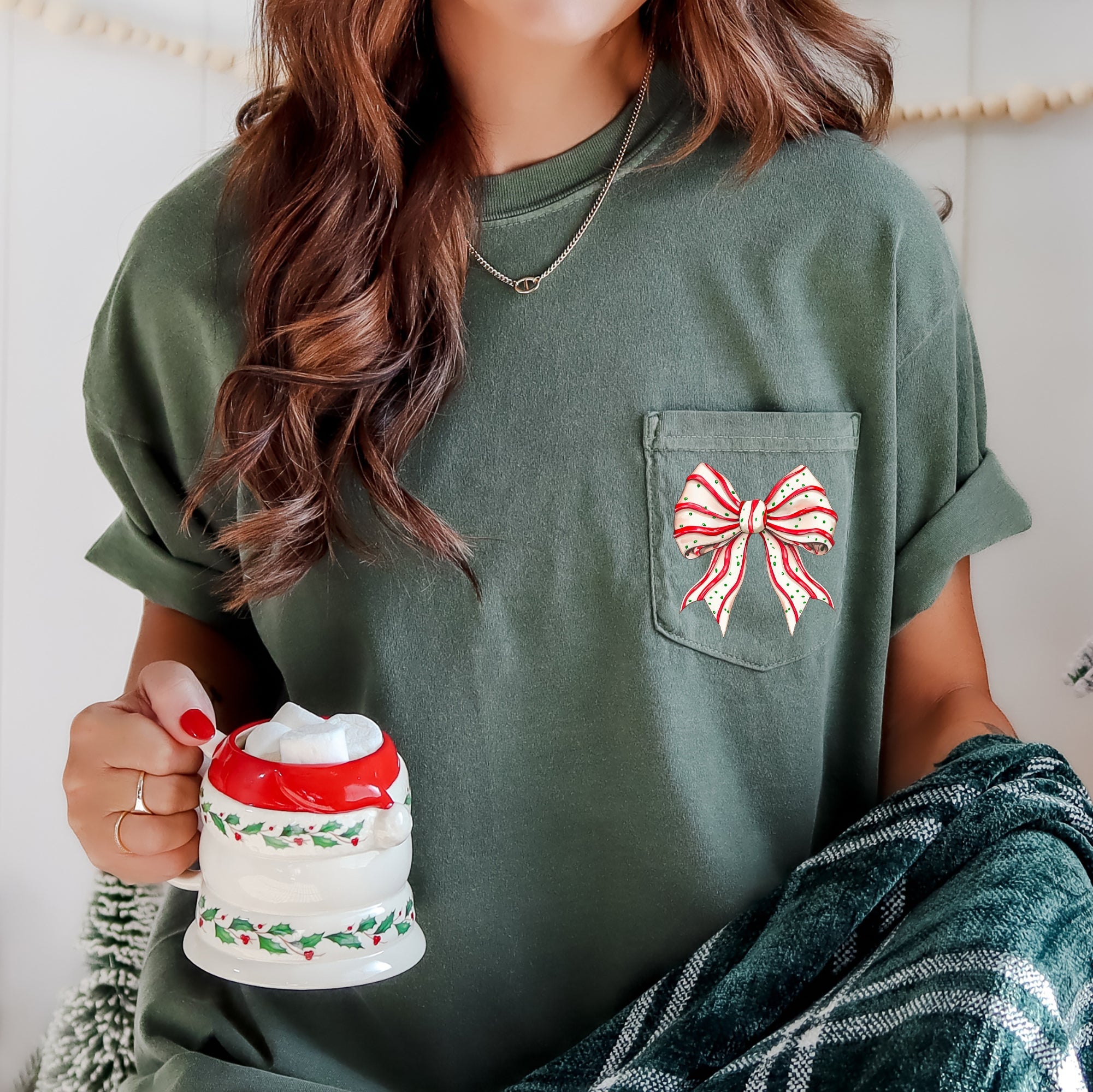 Christmas Cake Ribbon Bow Festive Holiday Vintage Inspired Classic Timeless Festival Favorite Comfort Colors Tee