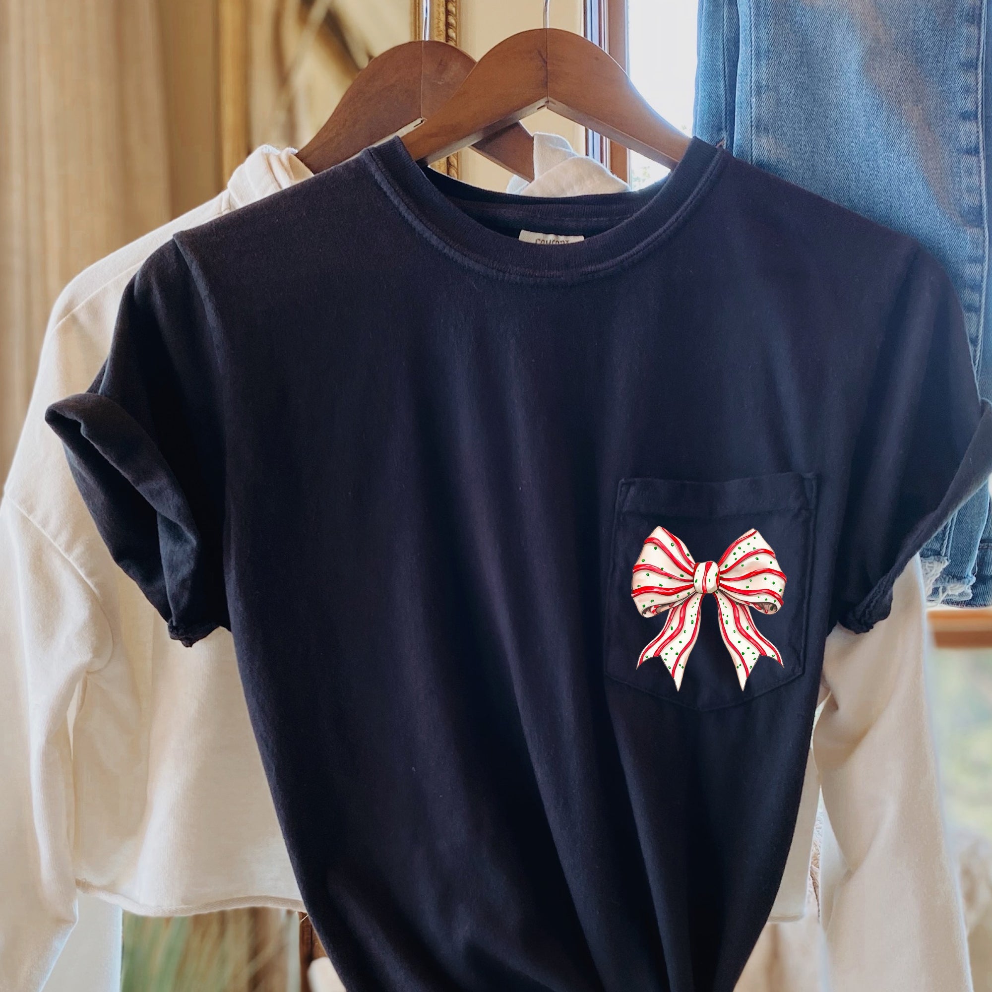 Christmas Cake Ribbon Bow Festive Holiday Vintage Inspired Classic Timeless Festival Favorite Comfort Colors Tee