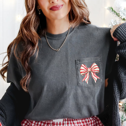 Christmas Cake Ribbon Bow Festive Holiday Vintage Inspired Classic Timeless Festival Favorite Comfort Colors Tee
