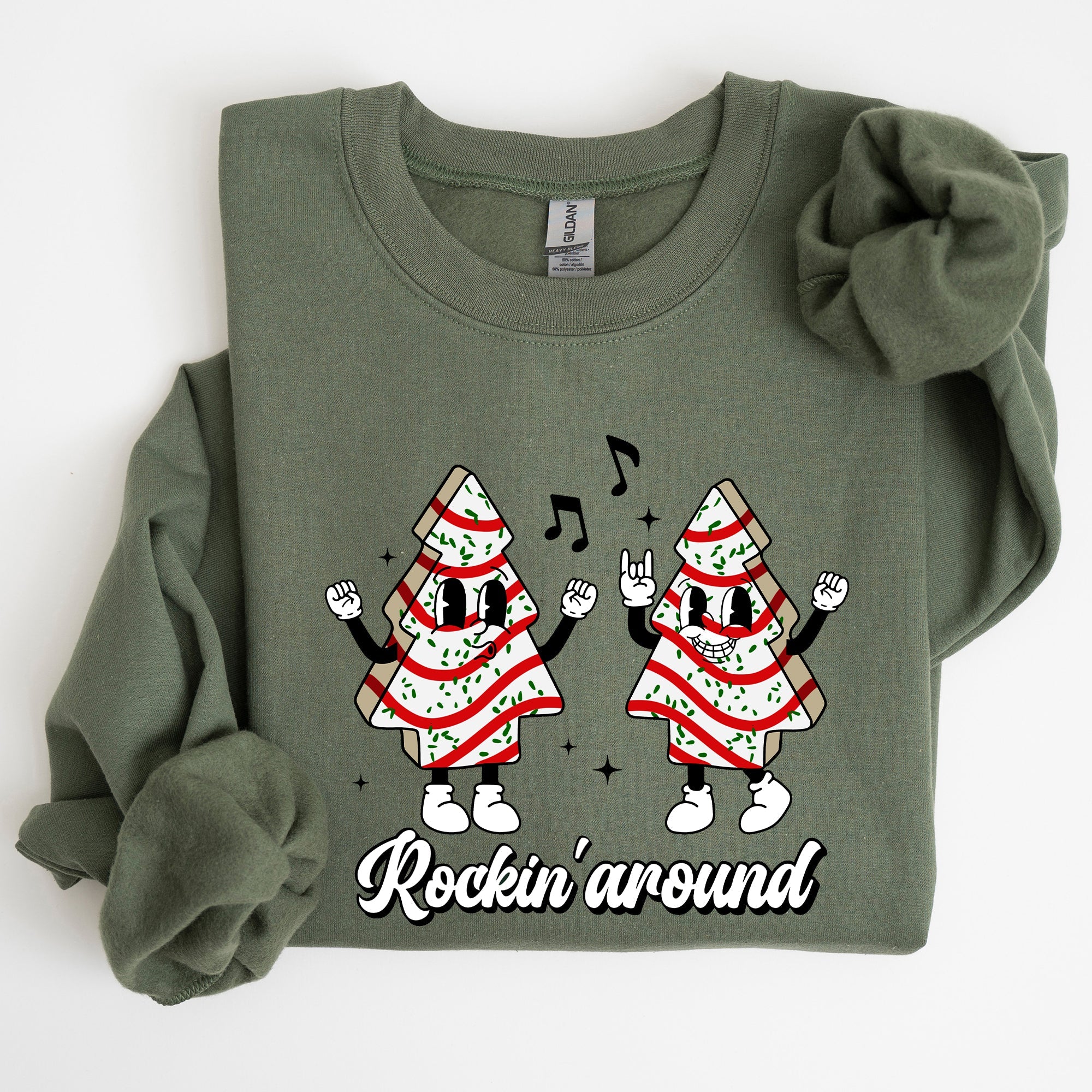 Rockin Around Christmas Carols Santa Snow Winter Xmas Festive Pocket Sweatshirt Cozy Holiday Seasonal Illustrated