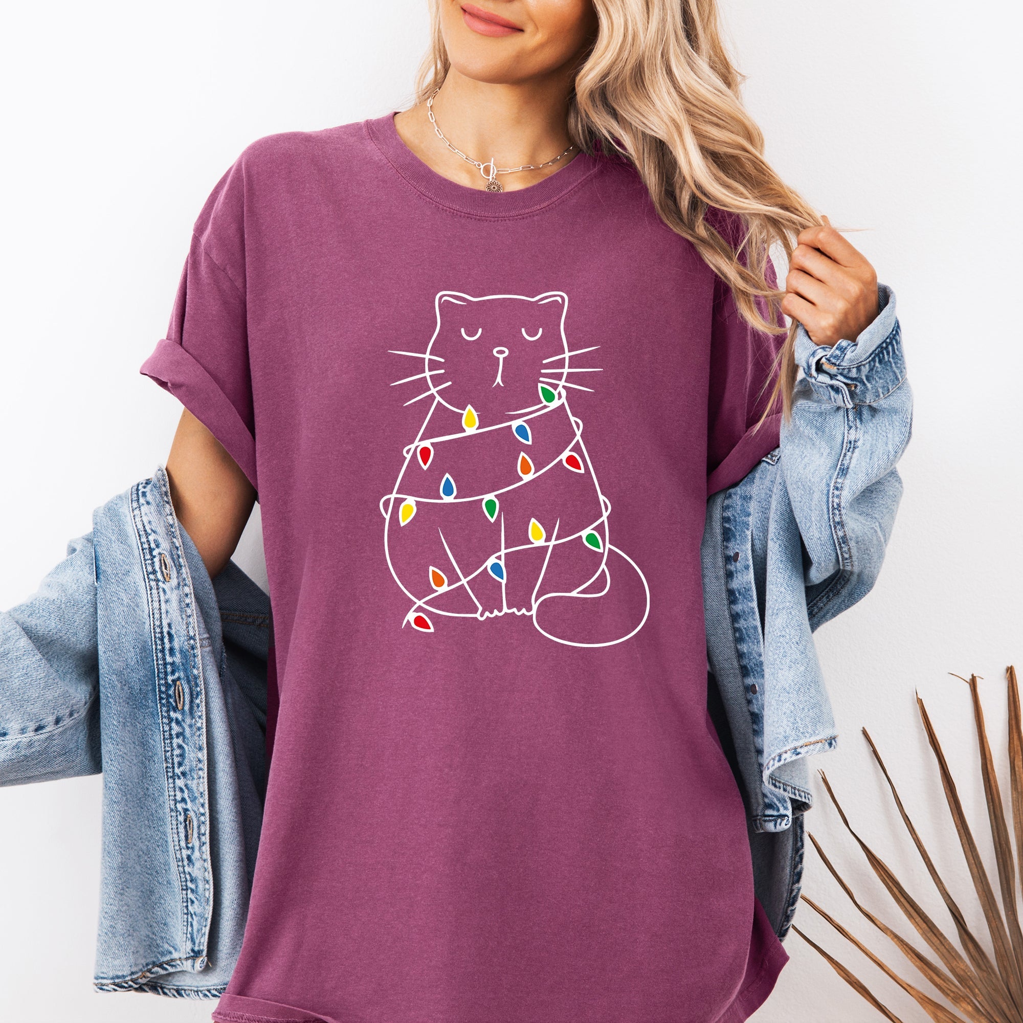 Christmas Cat Lights Santa Feline Holiday Cheer For Cat Lovers Comfort Colors Tee