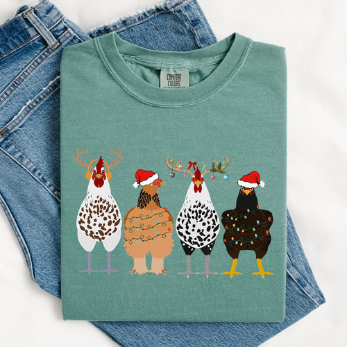 Christmas Chickens In A Row Chicken Lovers Santa Farm Life Winter Snow Xmas Comfort Colors Tee