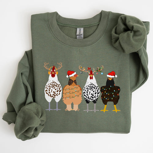Christmas Chickens In A Row Santa Farm Life Winter Snow Xmas For Chicken Lovers Sweatshirt