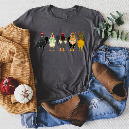 Christmas Chickens Santa Farm Life Cozy Farmhouse Theme Rustic Country Style Playful Graphic Tee