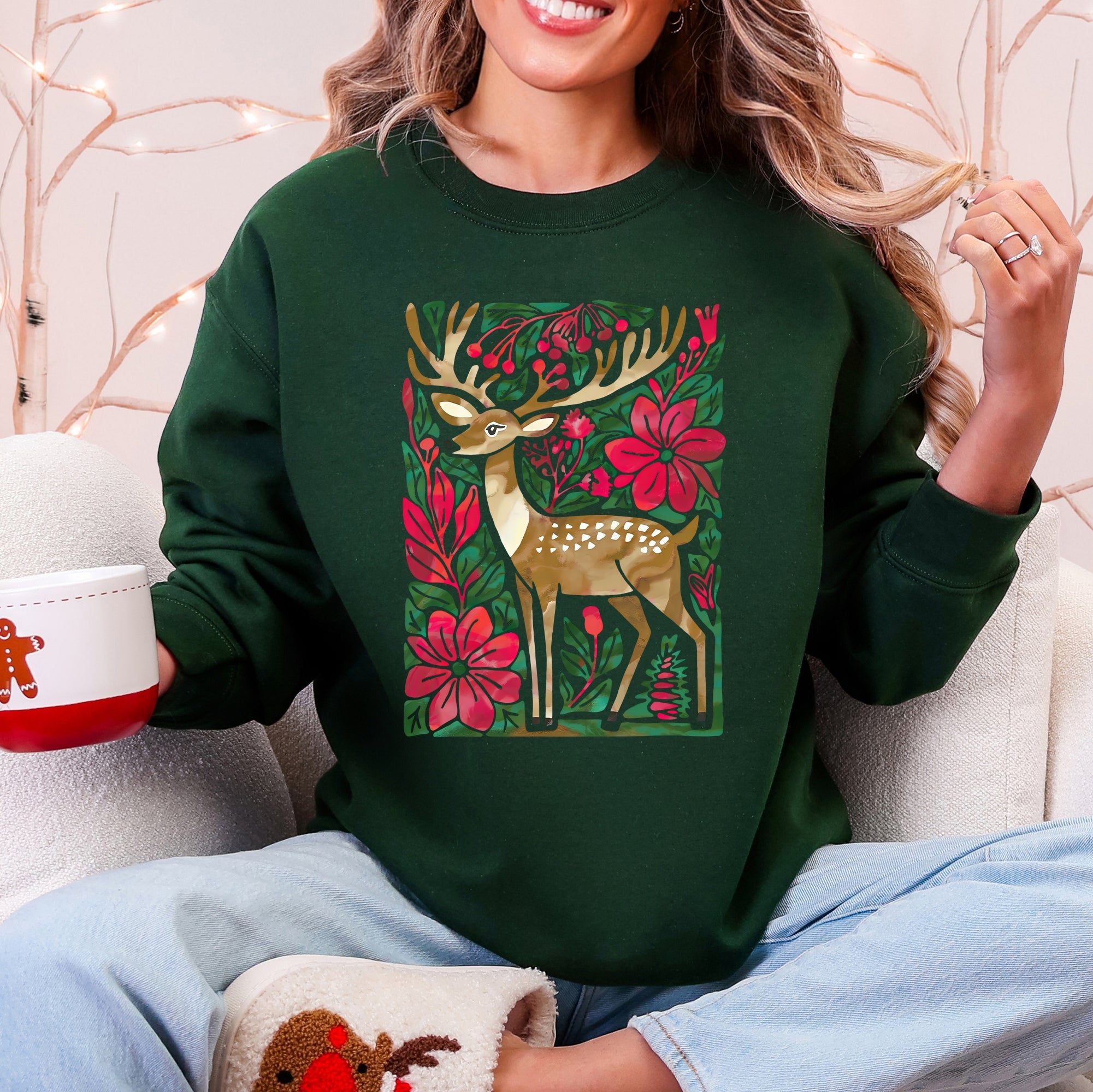 Christmas Deer With Colorful Flowers And Santa Claus In A Snowy Vintage Holiday Scene Sweatshirt