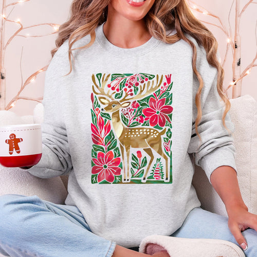 Christmas Deer With Colorful Flowers And Santa Claus In A Snowy Vintage Holiday Scene Sweatshirt