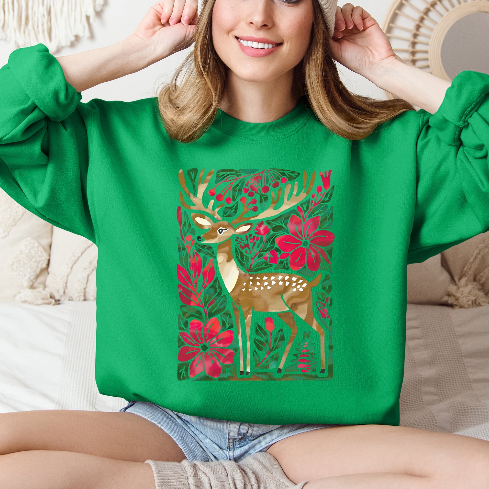 Christmas Deer With Colorful Flowers And Santa Claus In A Snowy Vintage Holiday Scene Sweatshirt