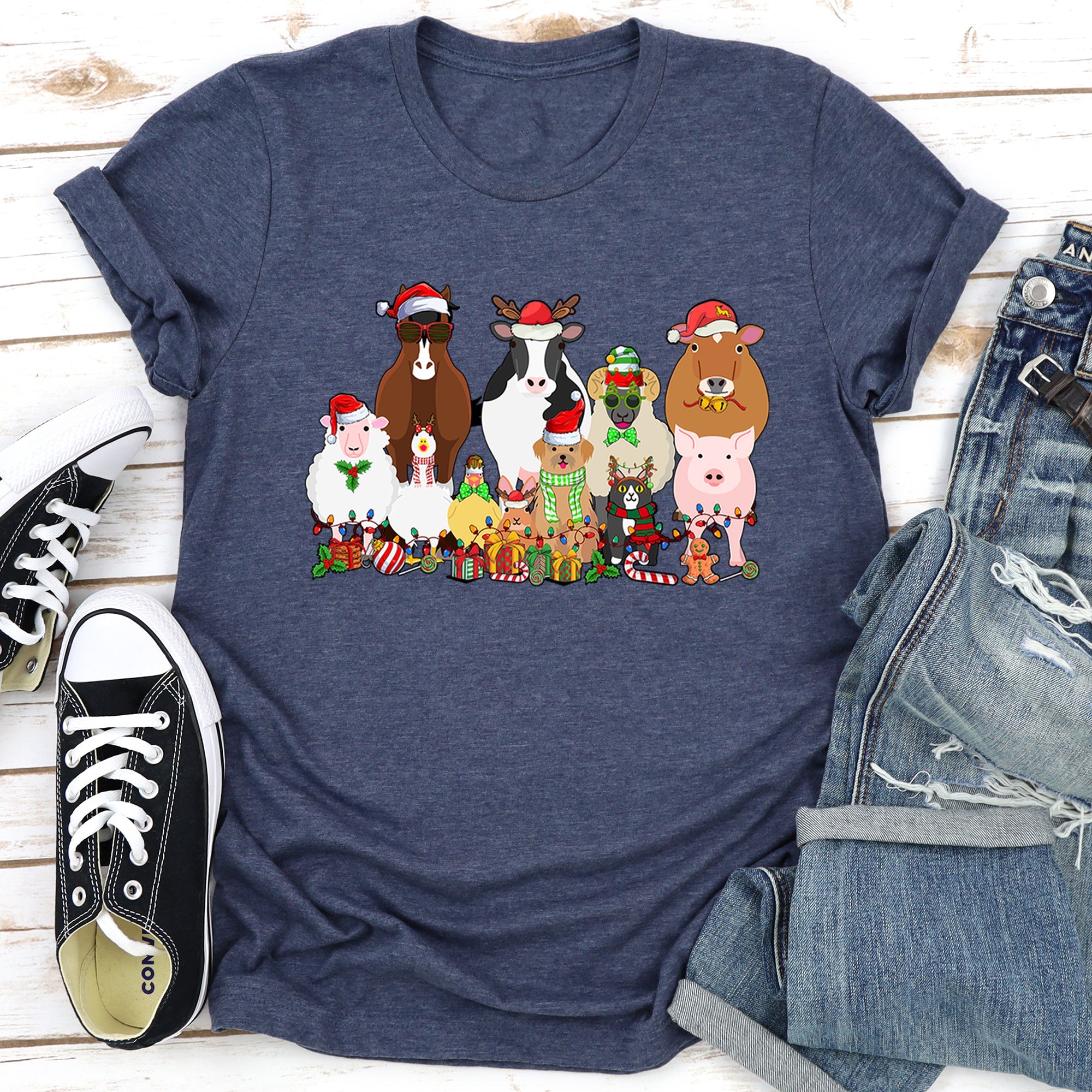 Christmas Farm Animals Farm Life Cow Sheep Horse Chicken Cat Dog Deluxe Graphic Tee