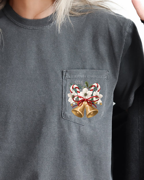 Christmas Flowers Pocket Bells Floral Winter Snow Botanical Xmas Comfort Colors Tee