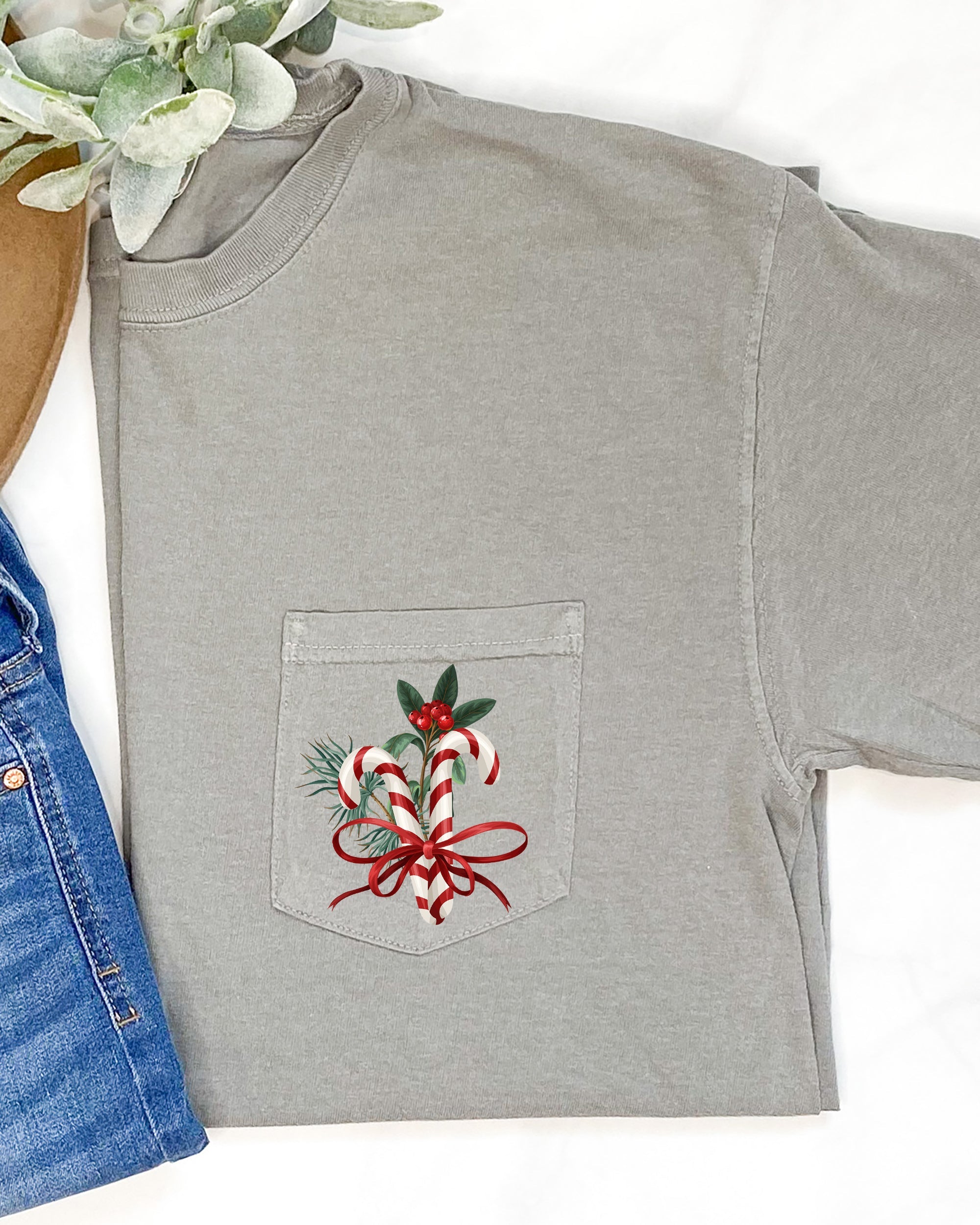 Christmas Flowers Pocket Candy Cane Ribbon Mistletoe Winter Snow Botanical Xmas Comfort Colors Tee