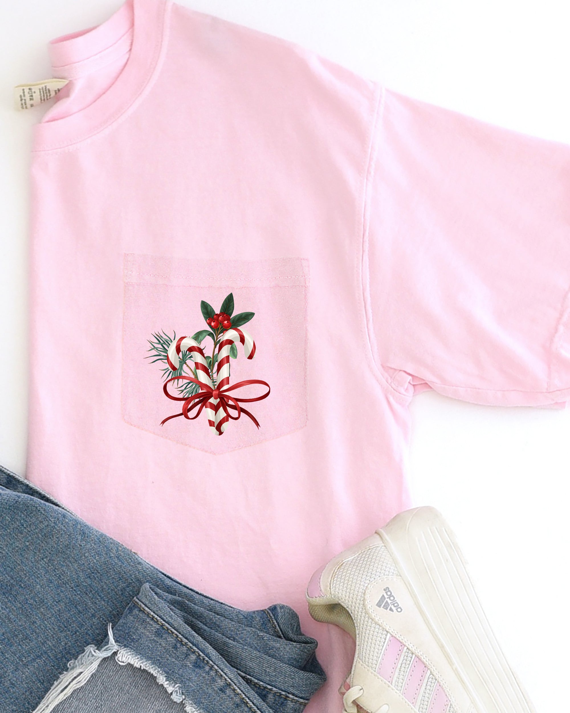 Christmas Flowers Pocket Candy Cane Ribbon Mistletoe Winter Snow Botanical Xmas Comfort Colors Tee