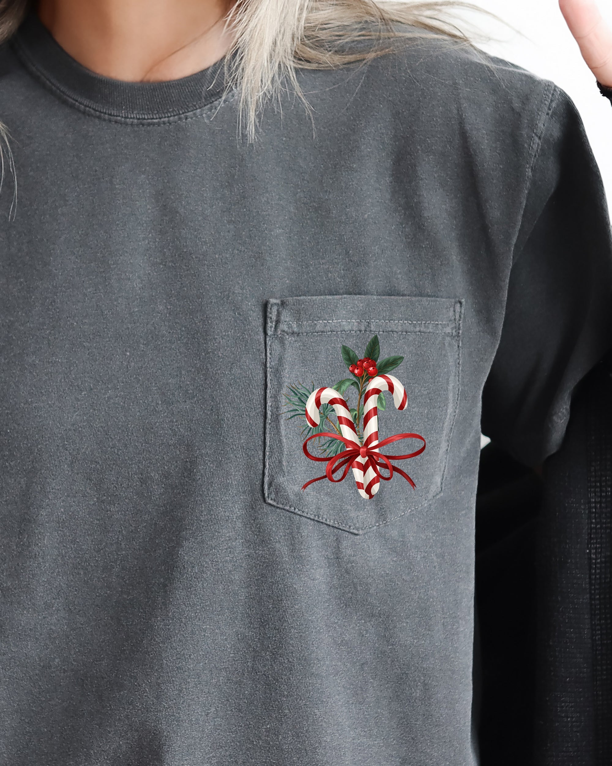 Christmas Flowers Pocket Candy Cane Ribbon Mistletoe Winter Snow Botanical Xmas Comfort Colors Tee