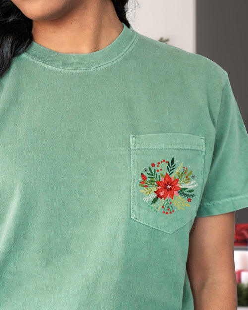 Christmas Flowers Pocket Floral Circle Poinsettia Winter Snow Botanical Xmas Comfort Colors Tee