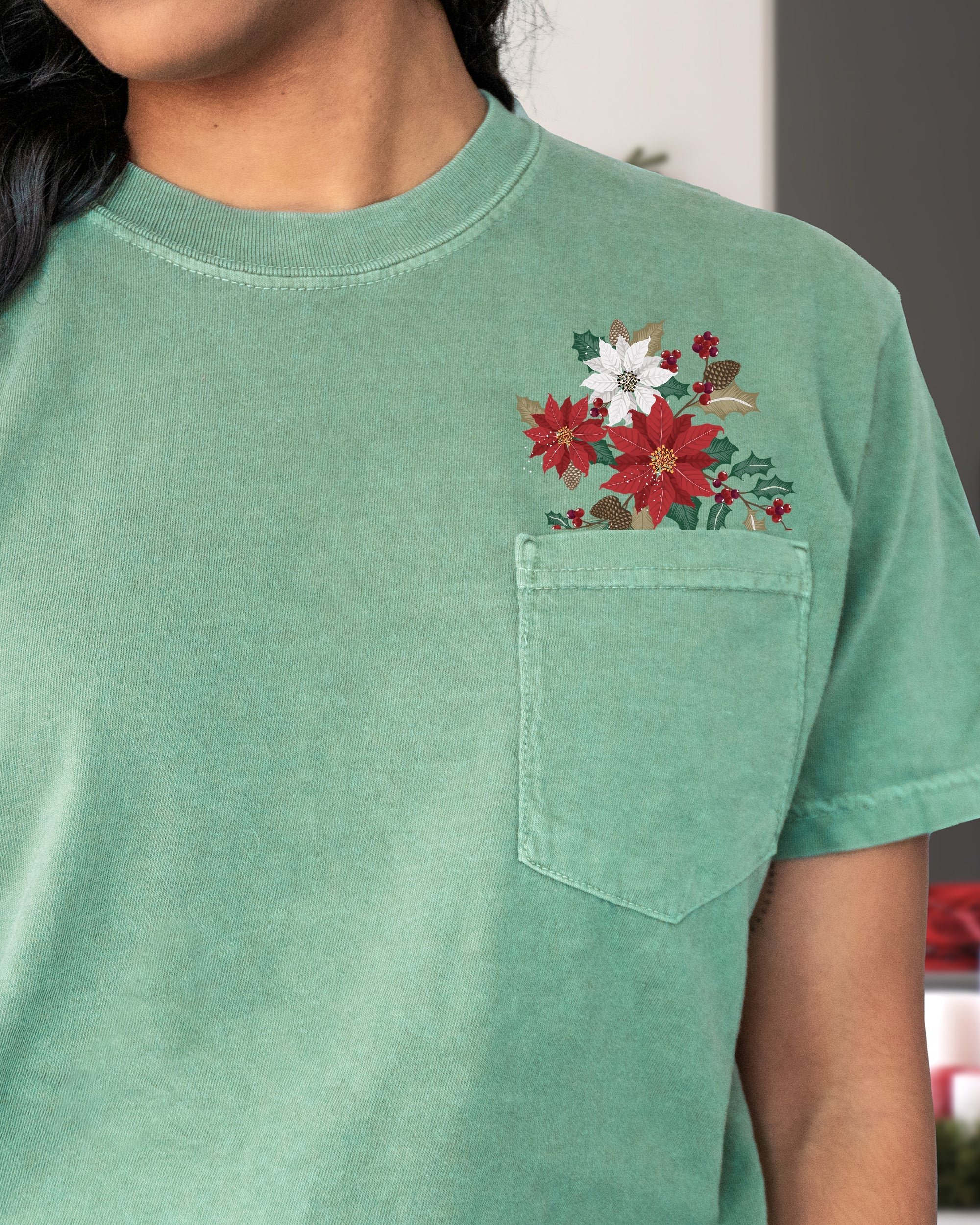 Christmas Flowers Holly Poinsettia Winter Snow Botanical Xmas Pocket Comfort Colors Tee