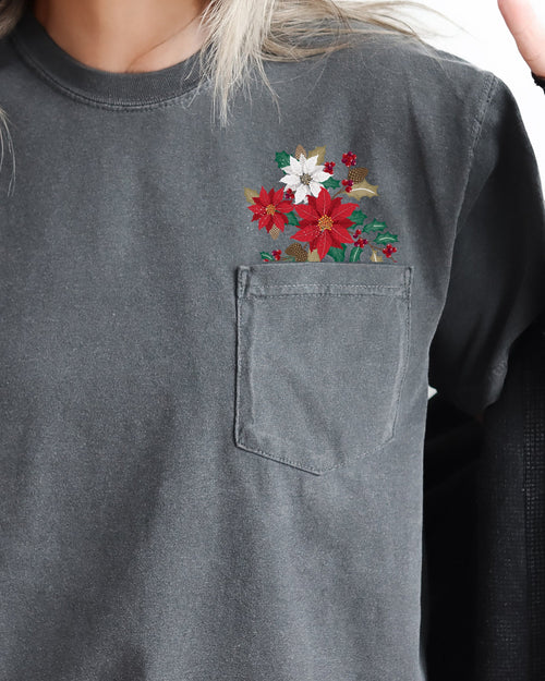 Christmas Flowers Holly Poinsettia Winter Snow Botanical Xmas Pocket Comfort Colors Tee