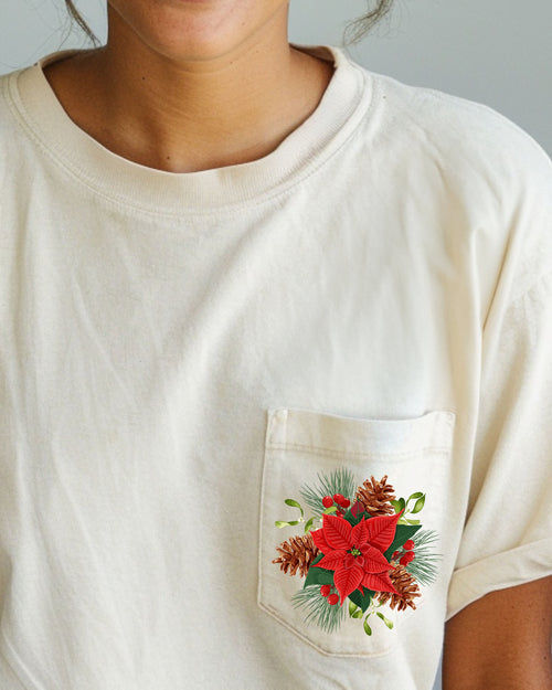 Christmas Flowers Pocket Floral Mistletoe Poinsettia Winter Snow Botanical Xmas Comfort Colors Tee