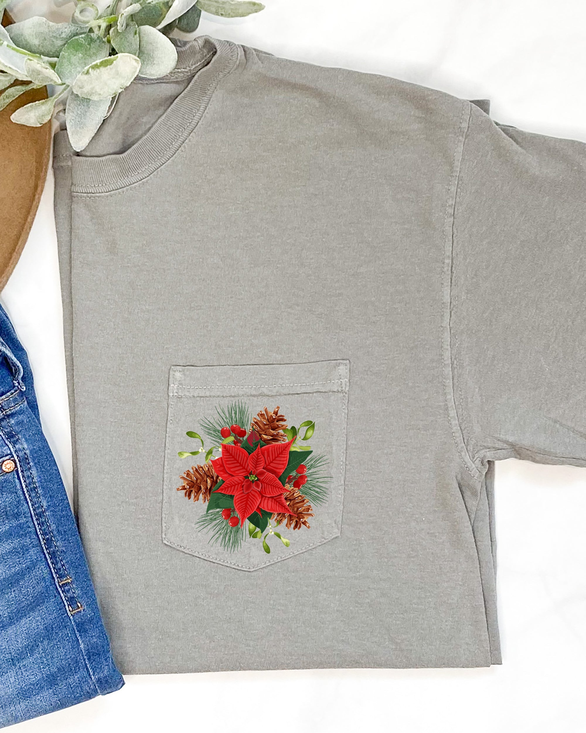 Christmas Flowers Pocket Floral Mistletoe Poinsettia Winter Snow Botanical Xmas Comfort Colors Tee