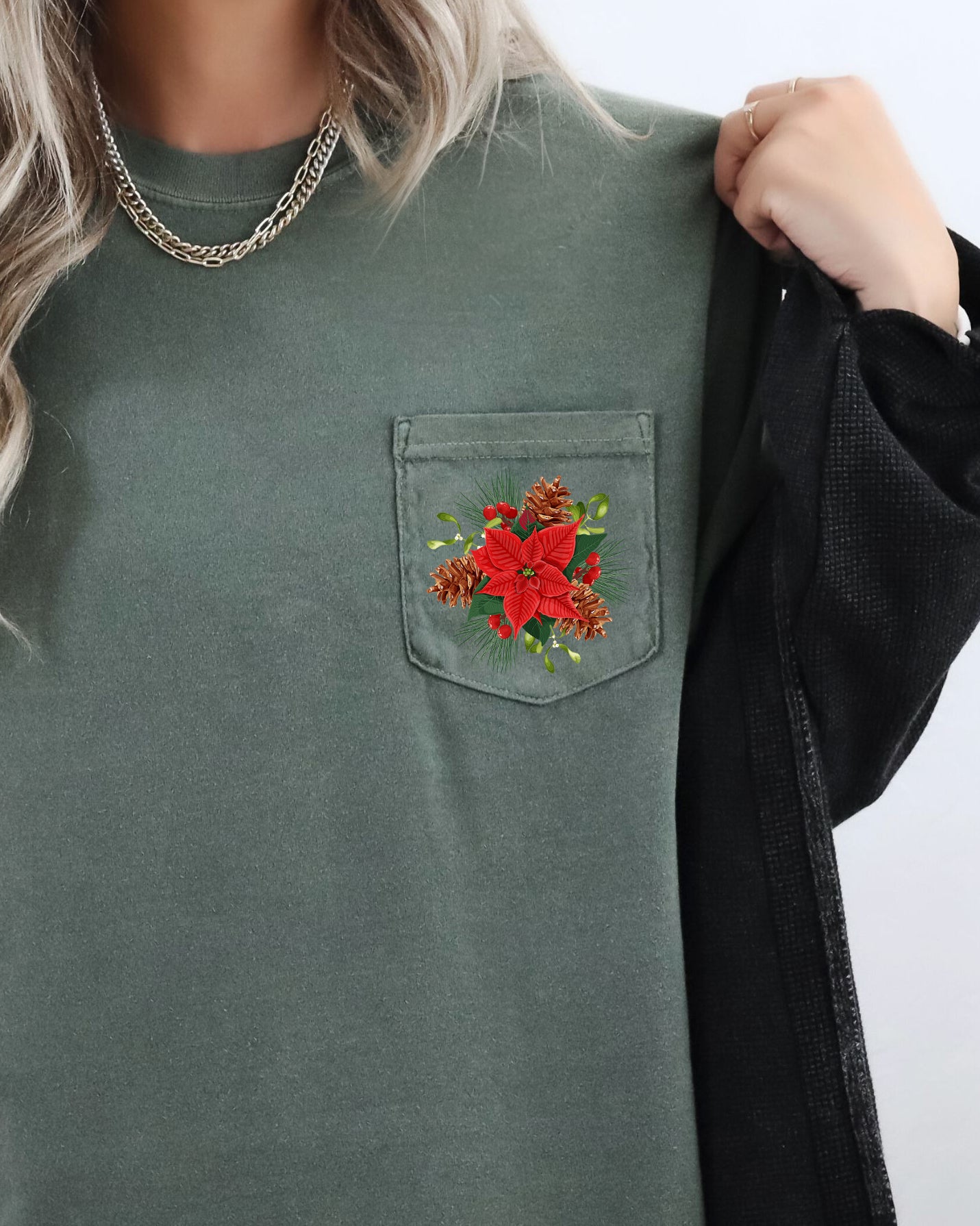 Christmas Flowers Pocket Floral Mistletoe Poinsettia Winter Snow Botanical Xmas Comfort Colors Tee
