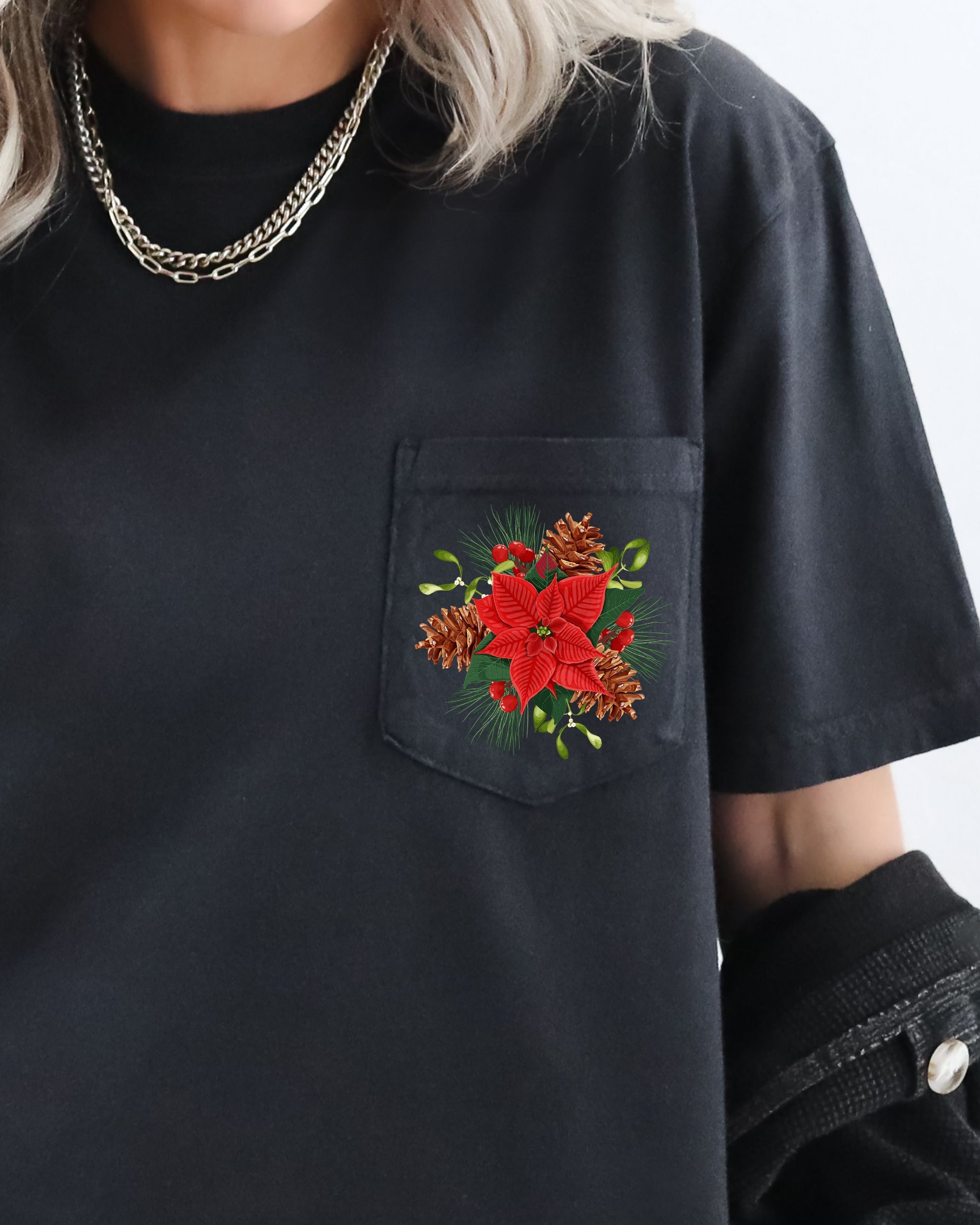 Christmas Flowers Pocket Floral Mistletoe Poinsettia Winter Snow Botanical Xmas Comfort Colors Tee