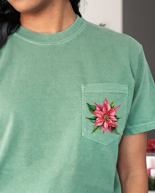 Christmas Flowers Pocket Poinsettia Winter Snow Botanical Xmas Festive Floral Art Print Graphic Tee