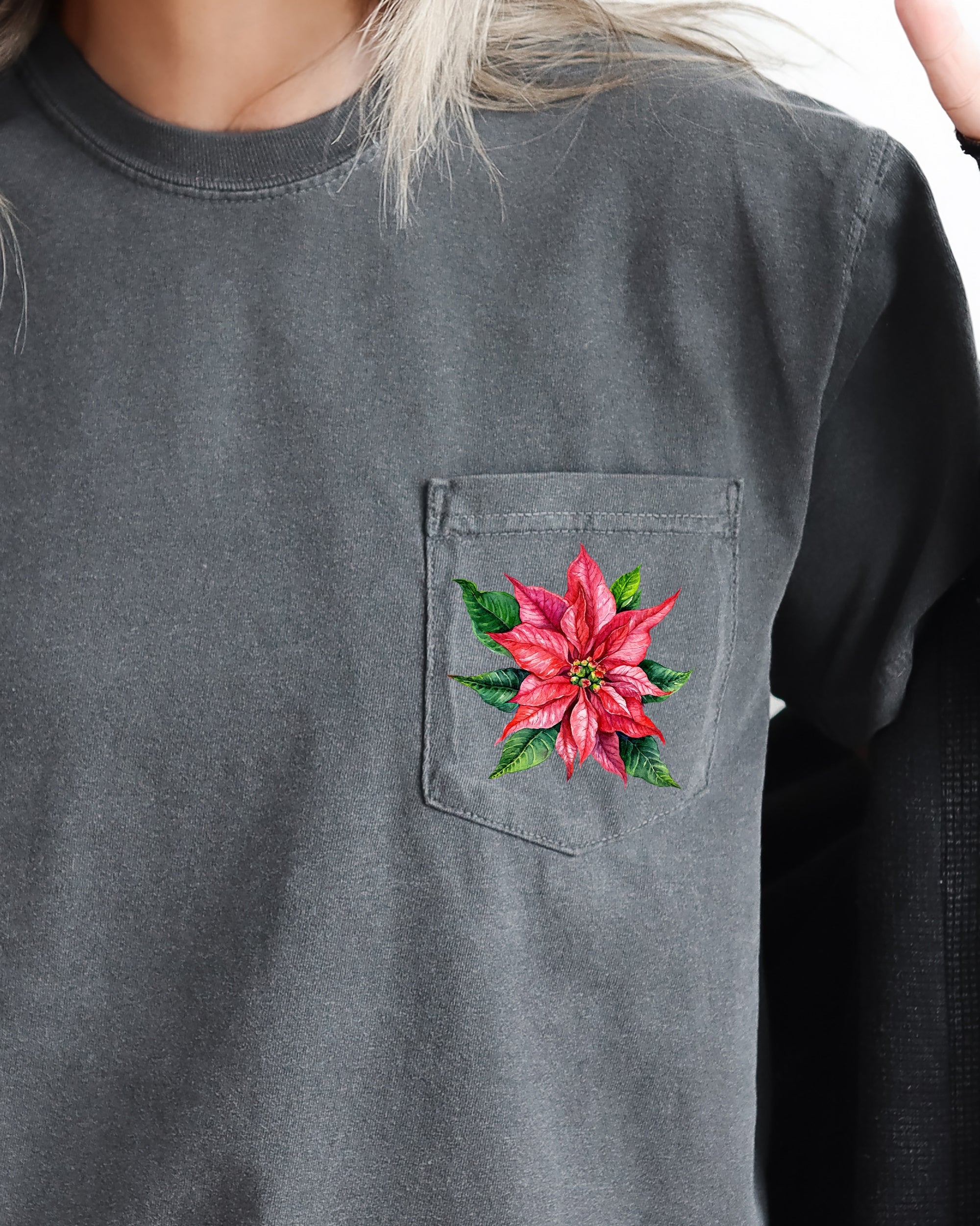Christmas Flowers Pocket Poinsettia Winter Snow Botanical Xmas Festive Floral Art Print Graphic Tee