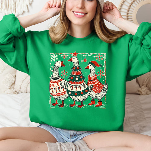 Christmas Geese Retro Festive Holiday Cheer Geese Pattern With Rustic Nordic Elements Sweatshirt