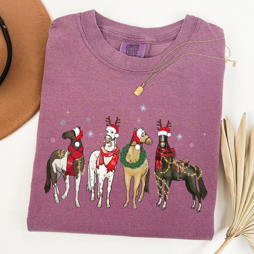 Christmas Horses Santa Winter Snow Xmas Scene For Horse Lovers Vintage Style Comfort Colors Tee