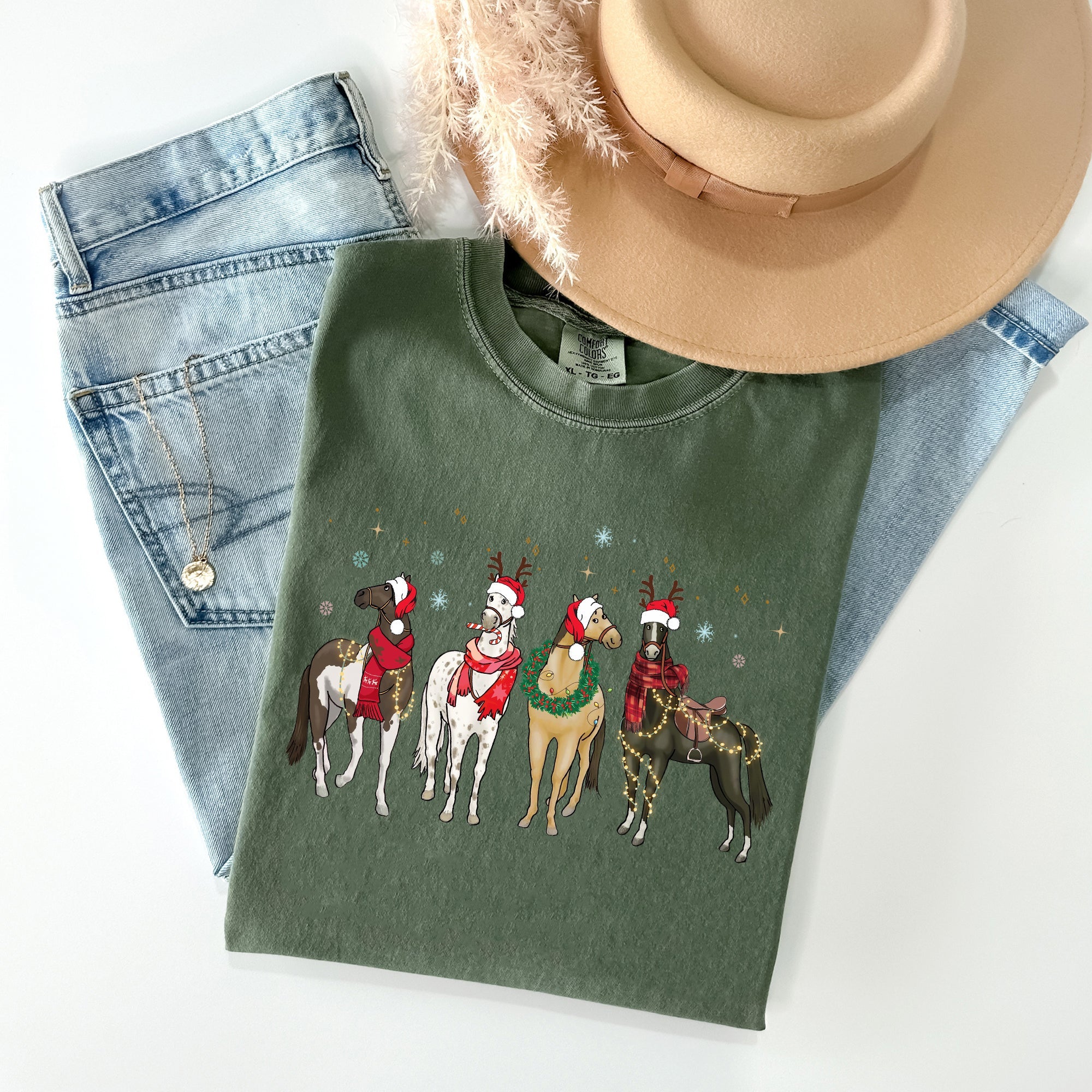 Christmas Horses Santa Winter Snow Xmas Scene For Horse Lovers Vintage Style Comfort Colors Tee