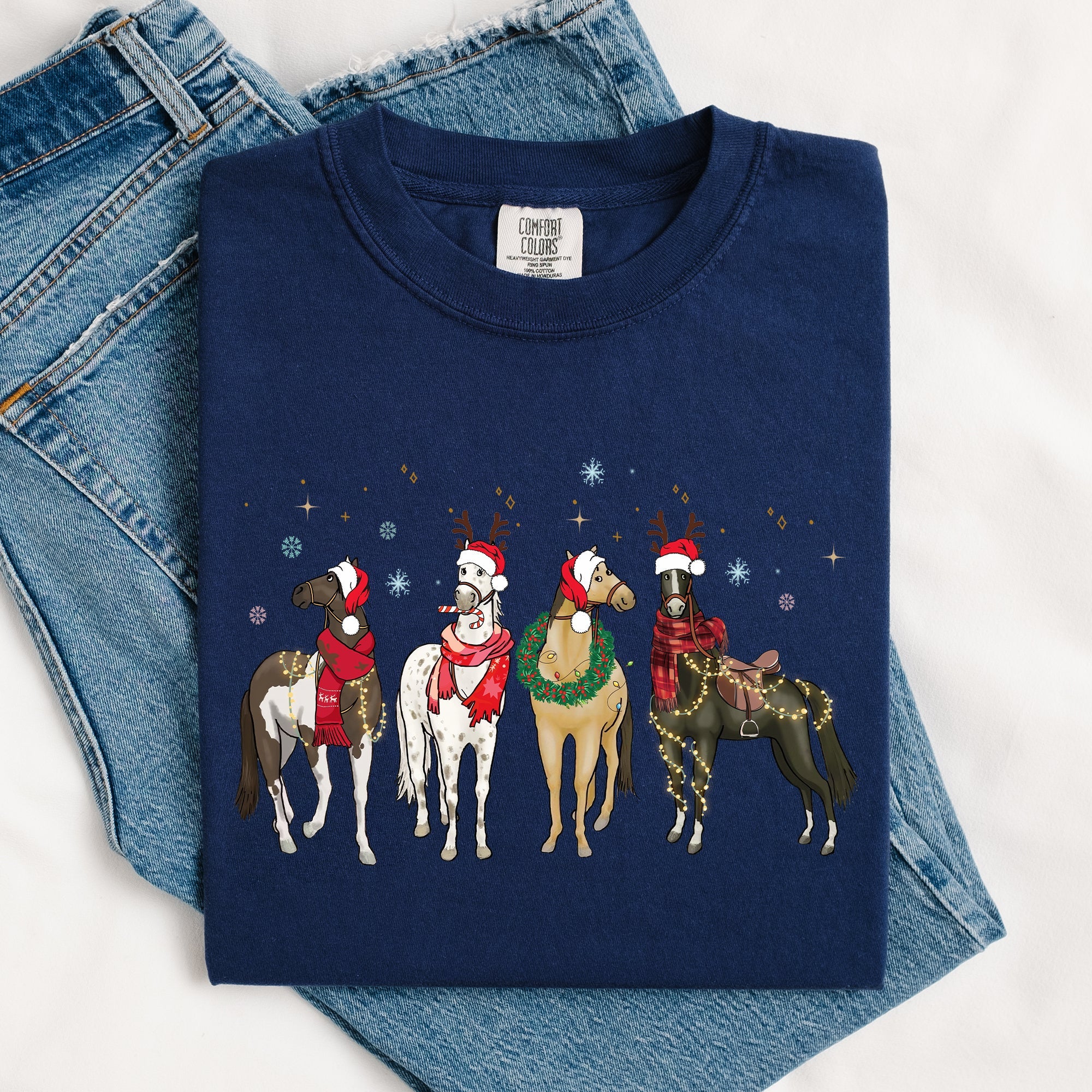 Christmas Horses Santa Winter Snow Xmas Scene For Horse Lovers Vintage Style Comfort Colors Tee