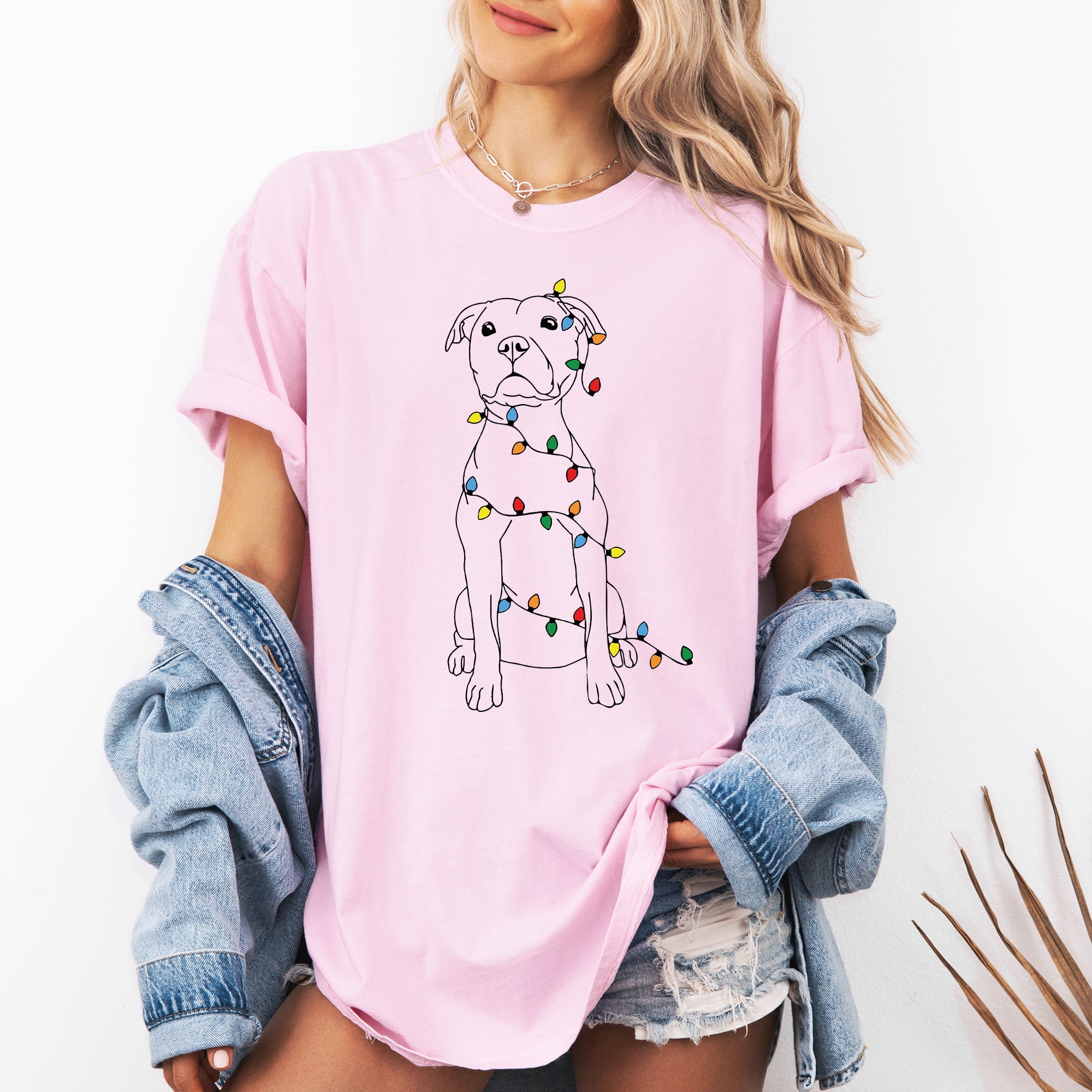 Christmas Pit Bull Lights Santa Holiday Cheer Dog Lover Edition Comfort Colors Tee