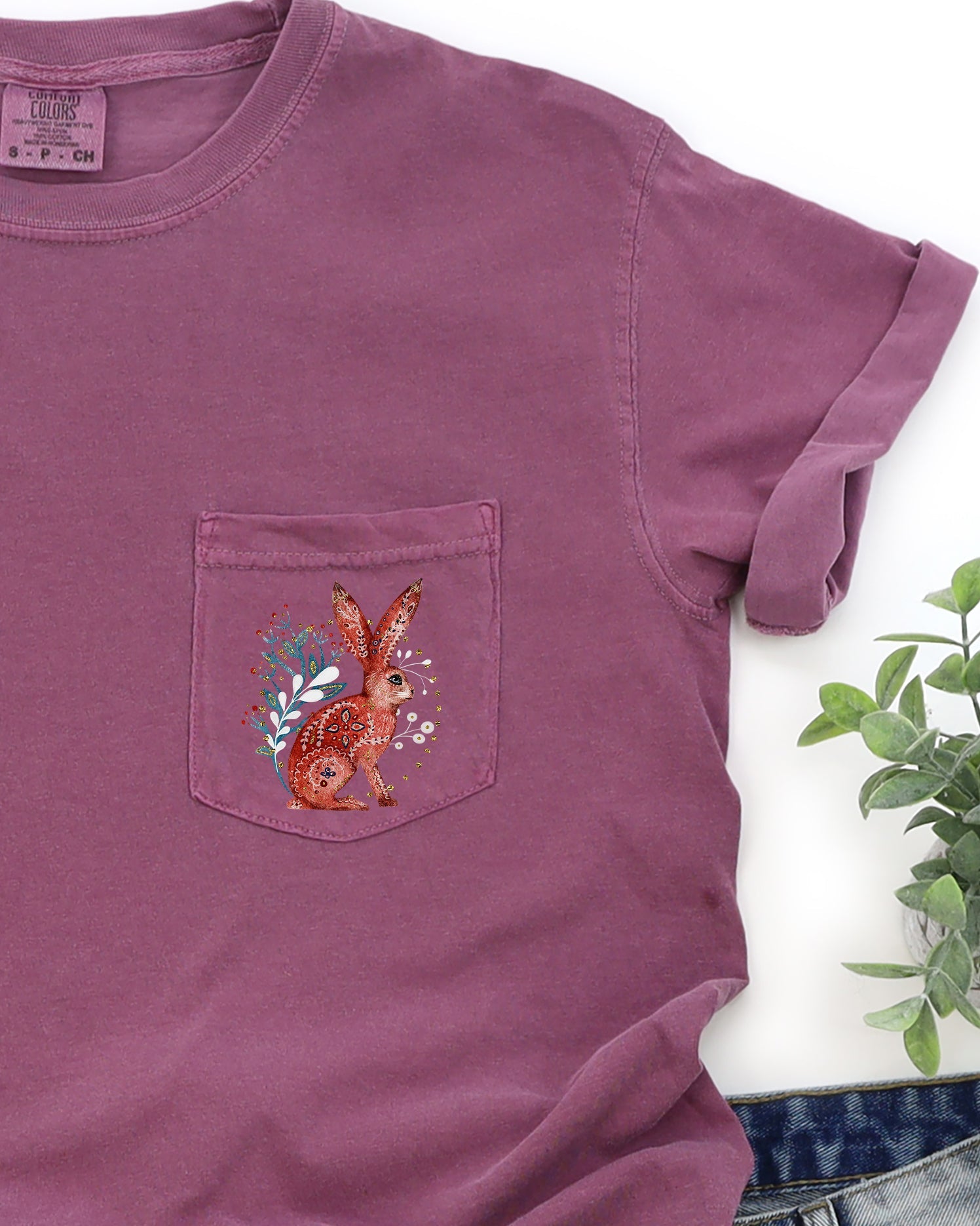 Christmas Rabbit Santa Pocket Folk Art Floral Snow Winter Noel Vintage Inspired Comfort Colors Tee