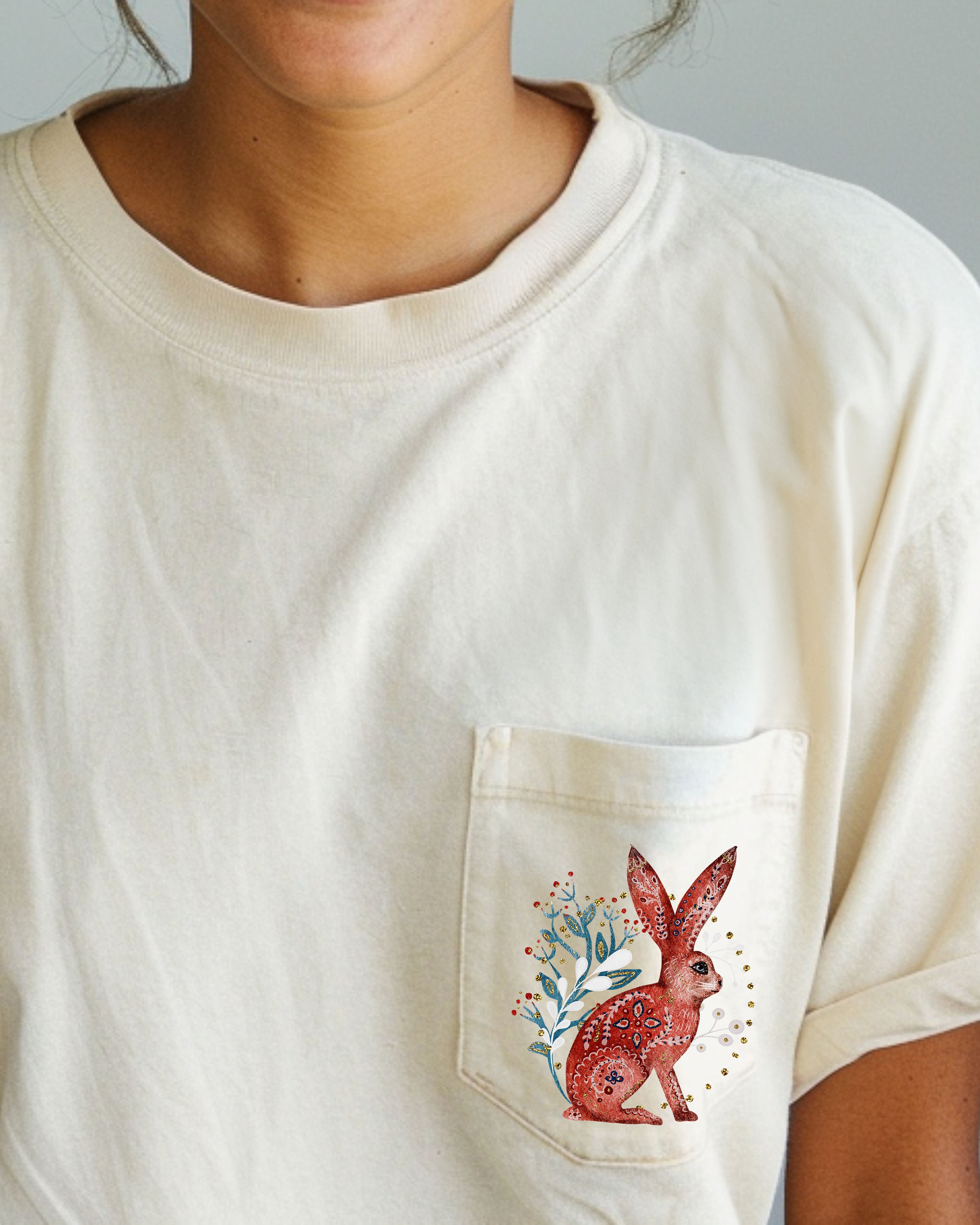 Christmas Rabbit Santa Pocket Folk Art Floral Snow Winter Noel Vintage Inspired Comfort Colors Tee