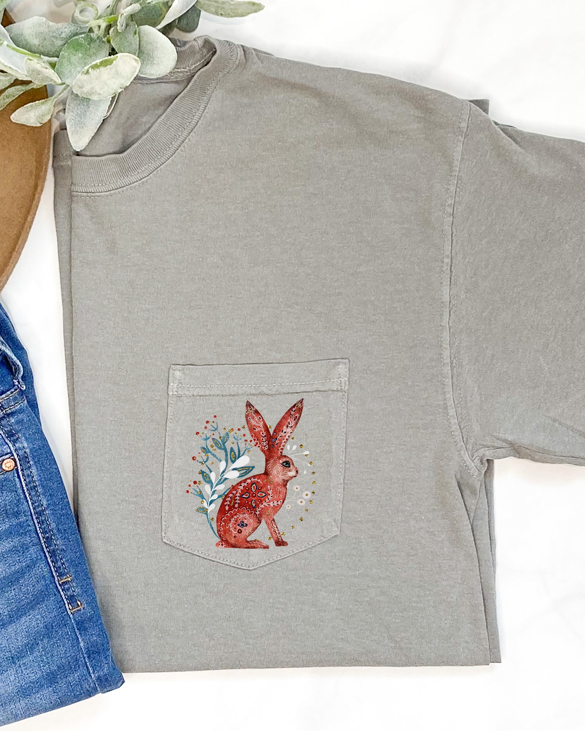 Christmas Rabbit Santa Pocket Folk Art Floral Snow Winter Noel Vintage Inspired Comfort Colors Tee