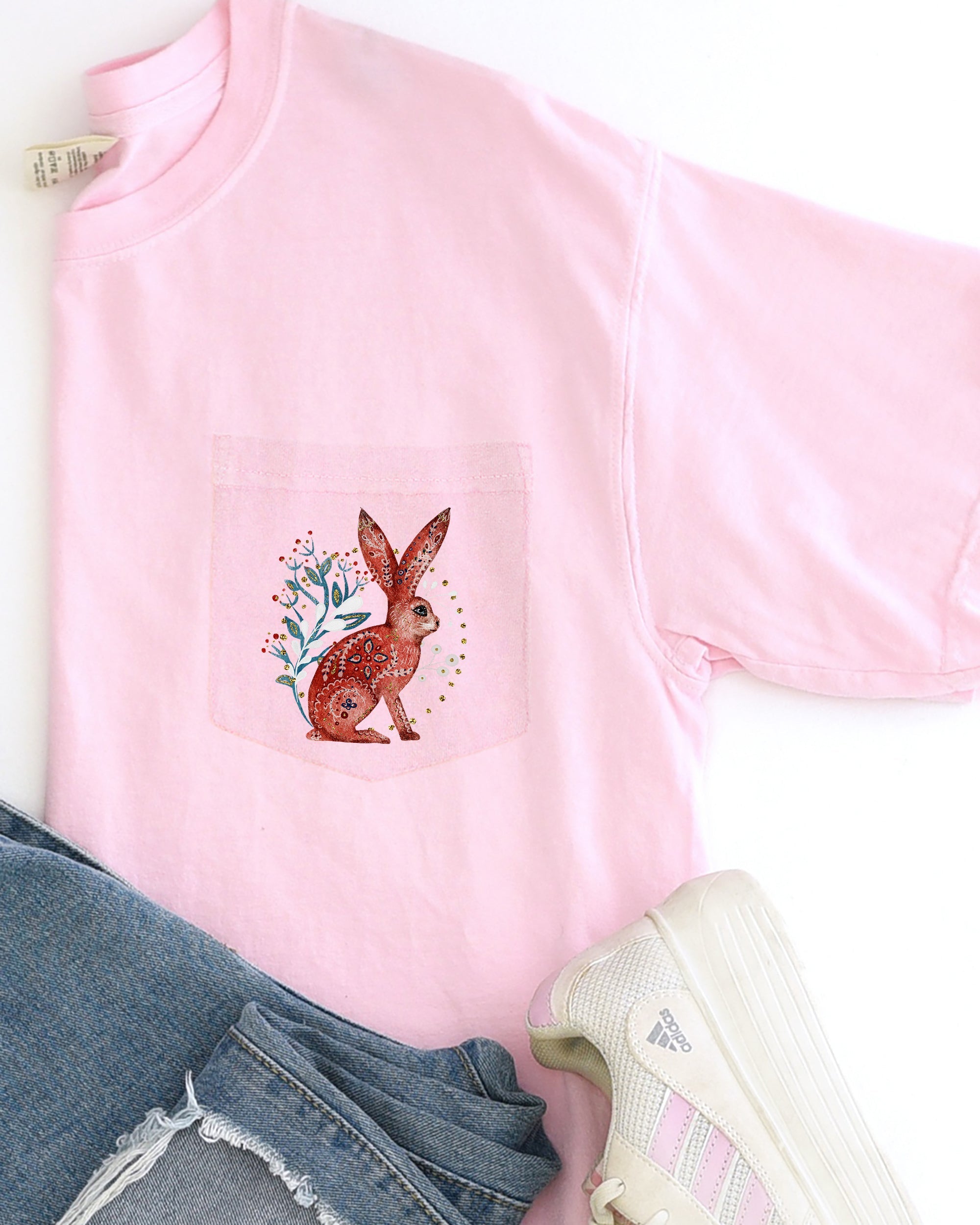 Christmas Rabbit Santa Pocket Folk Art Floral Snow Winter Noel Vintage Inspired Comfort Colors Tee