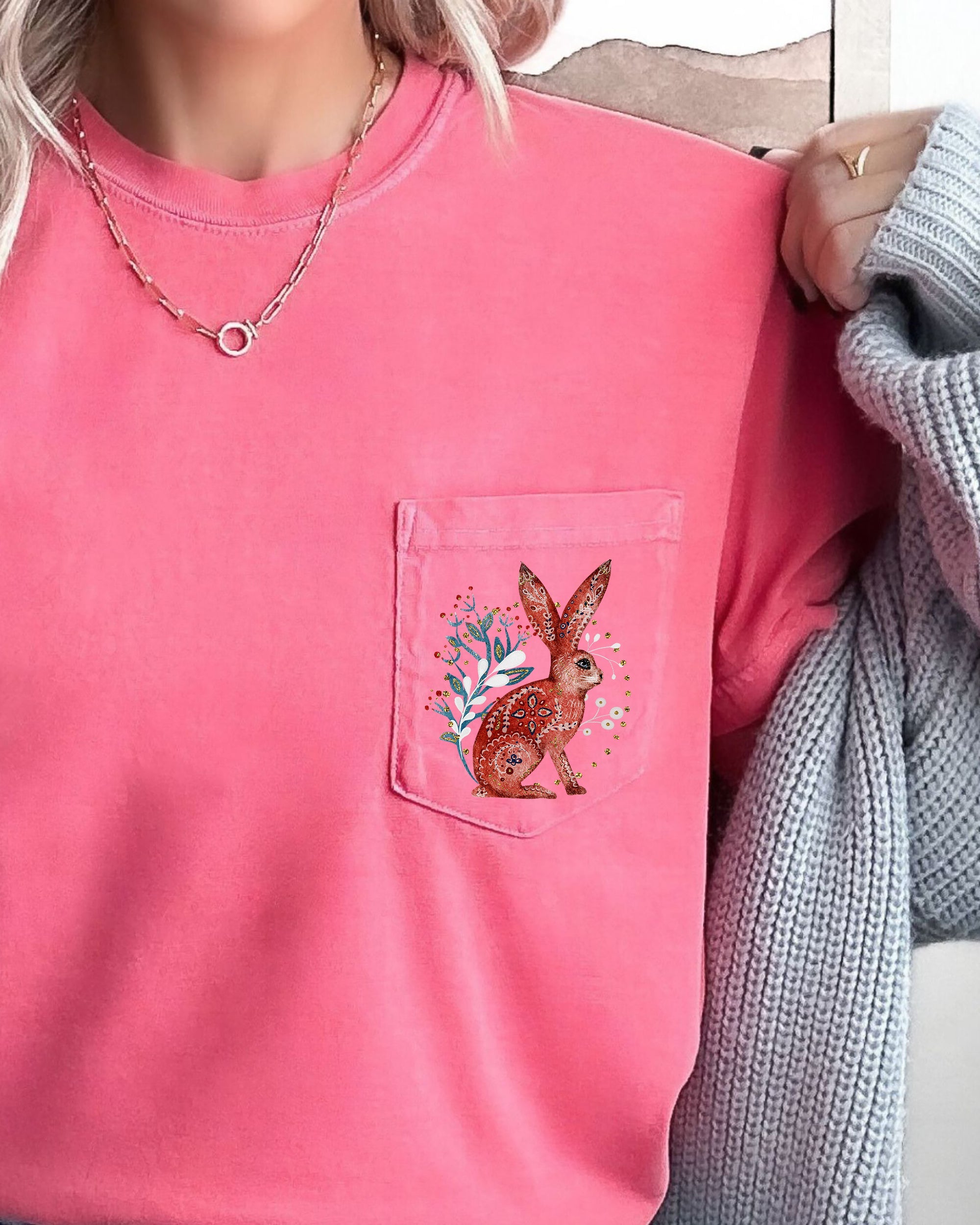 Christmas Rabbit Santa Pocket Folk Art Floral Snow Winter Noel Vintage Inspired Comfort Colors Tee