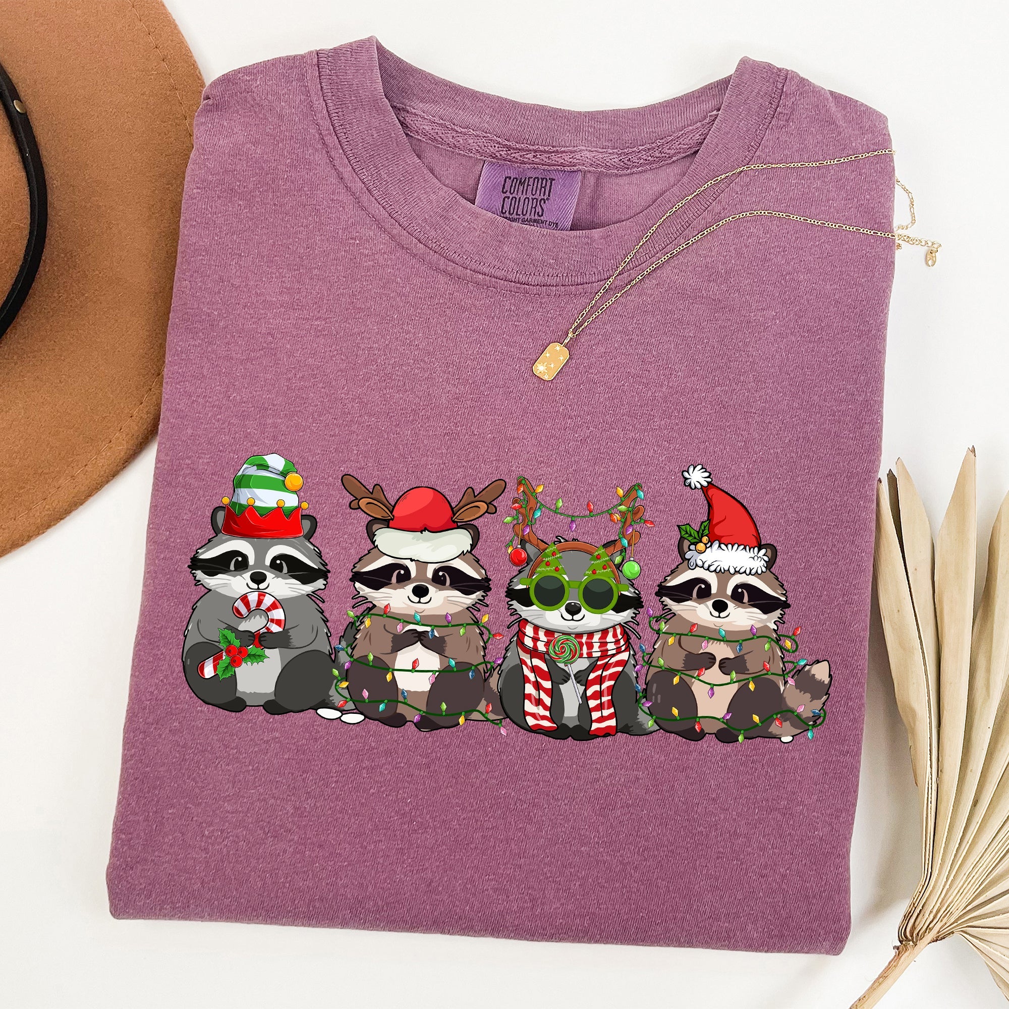 Christmas Raccoons Santa Winter Wonderland Holiday Scene Cozy Vintage Warm Comfort Colors Tee