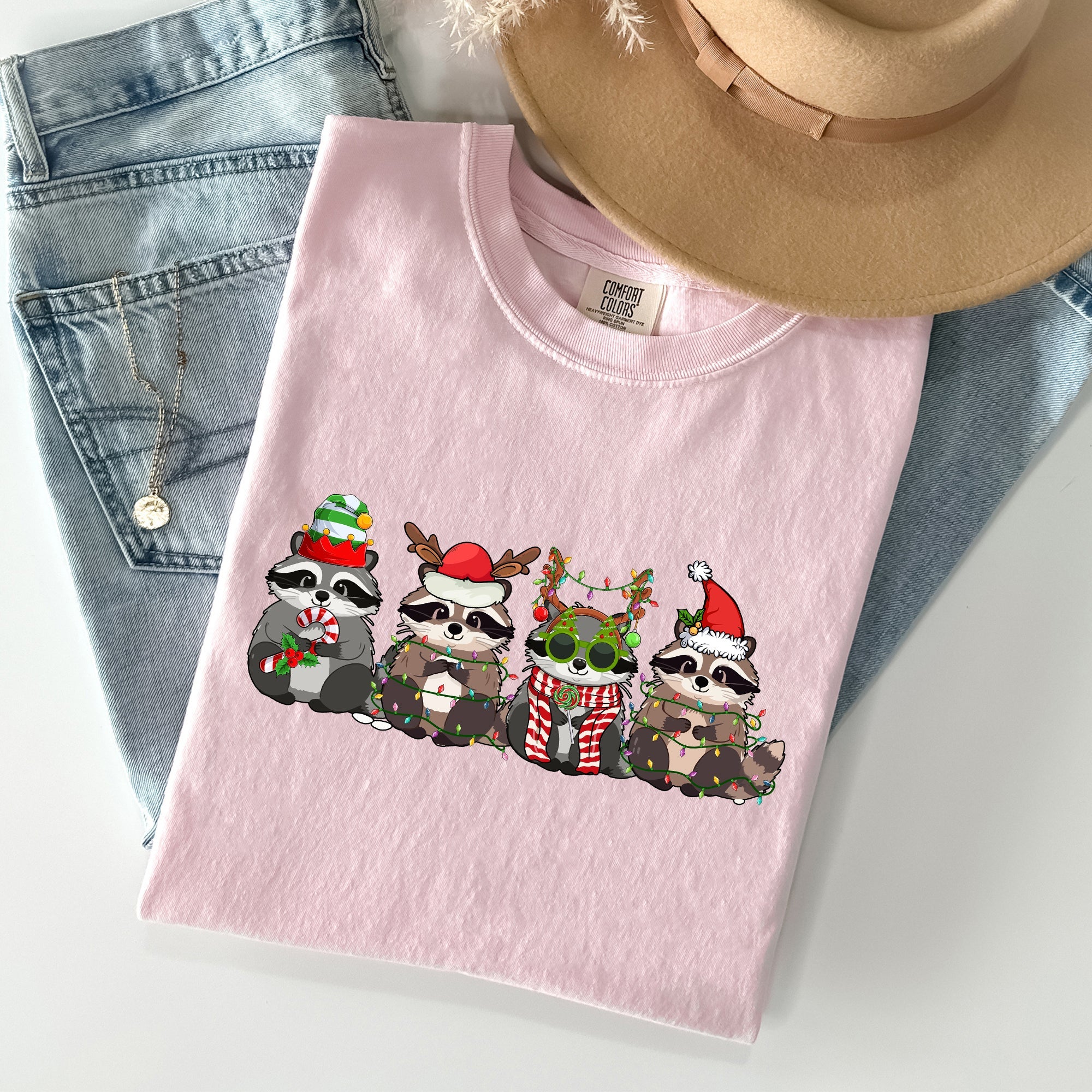Christmas Raccoons Santa Winter Wonderland Holiday Scene Cozy Vintage Warm Comfort Colors Tee