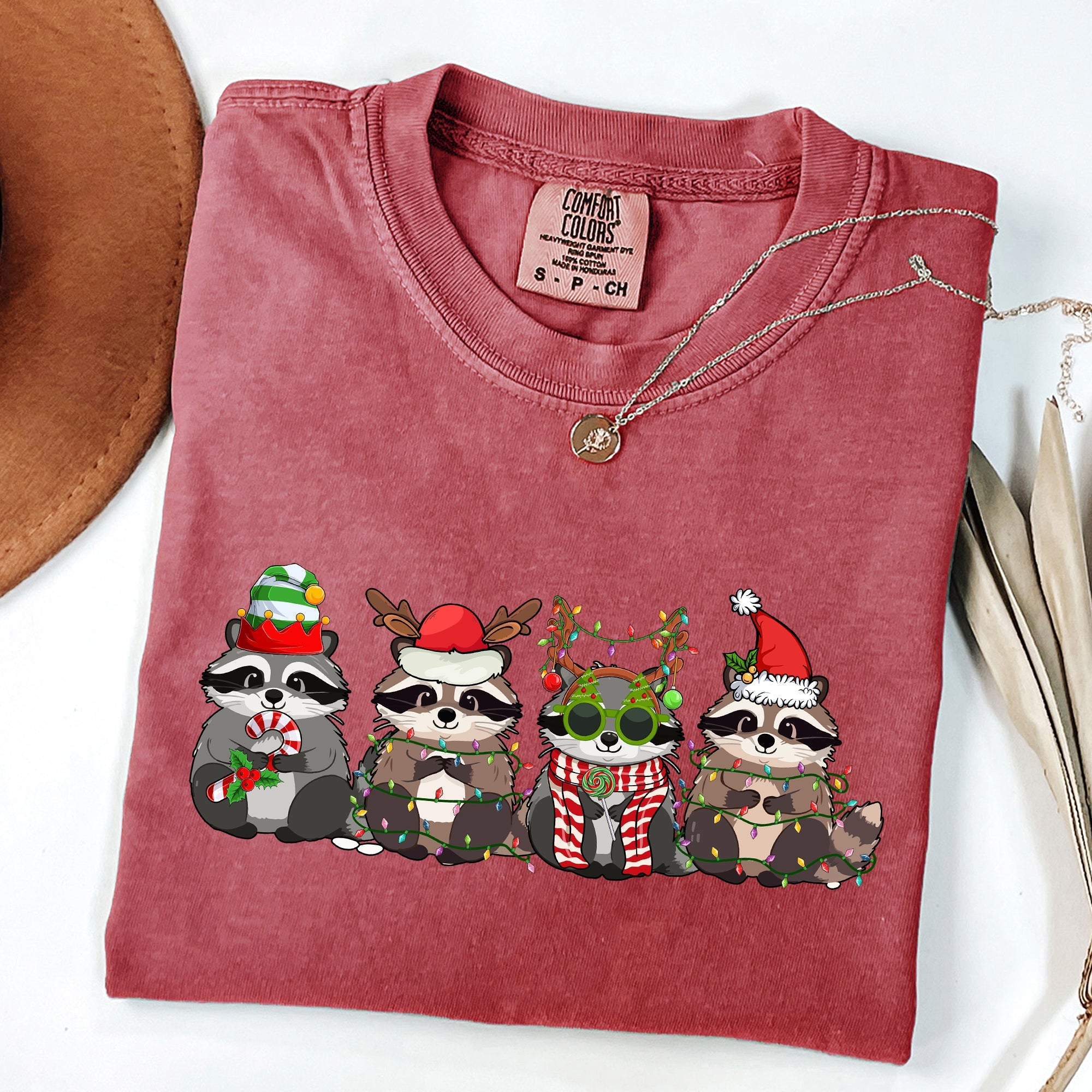 Christmas Raccoons Santa Winter Wonderland Holiday Scene Cozy Vintage Warm Comfort Colors Tee