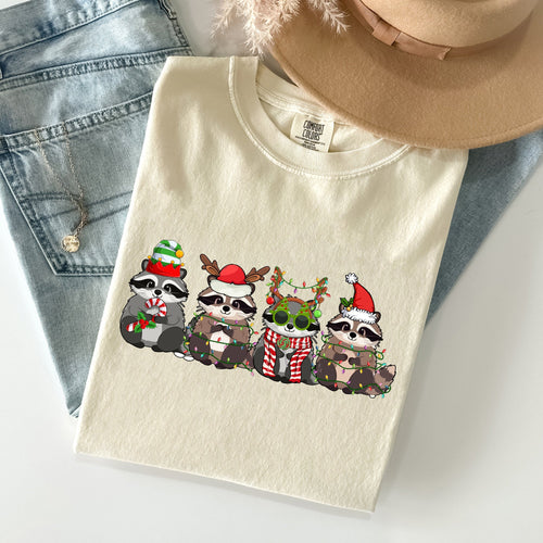 Christmas Raccoons Santa Winter Wonderland Holiday Scene Cozy Vintage Warm Comfort Colors Tee
