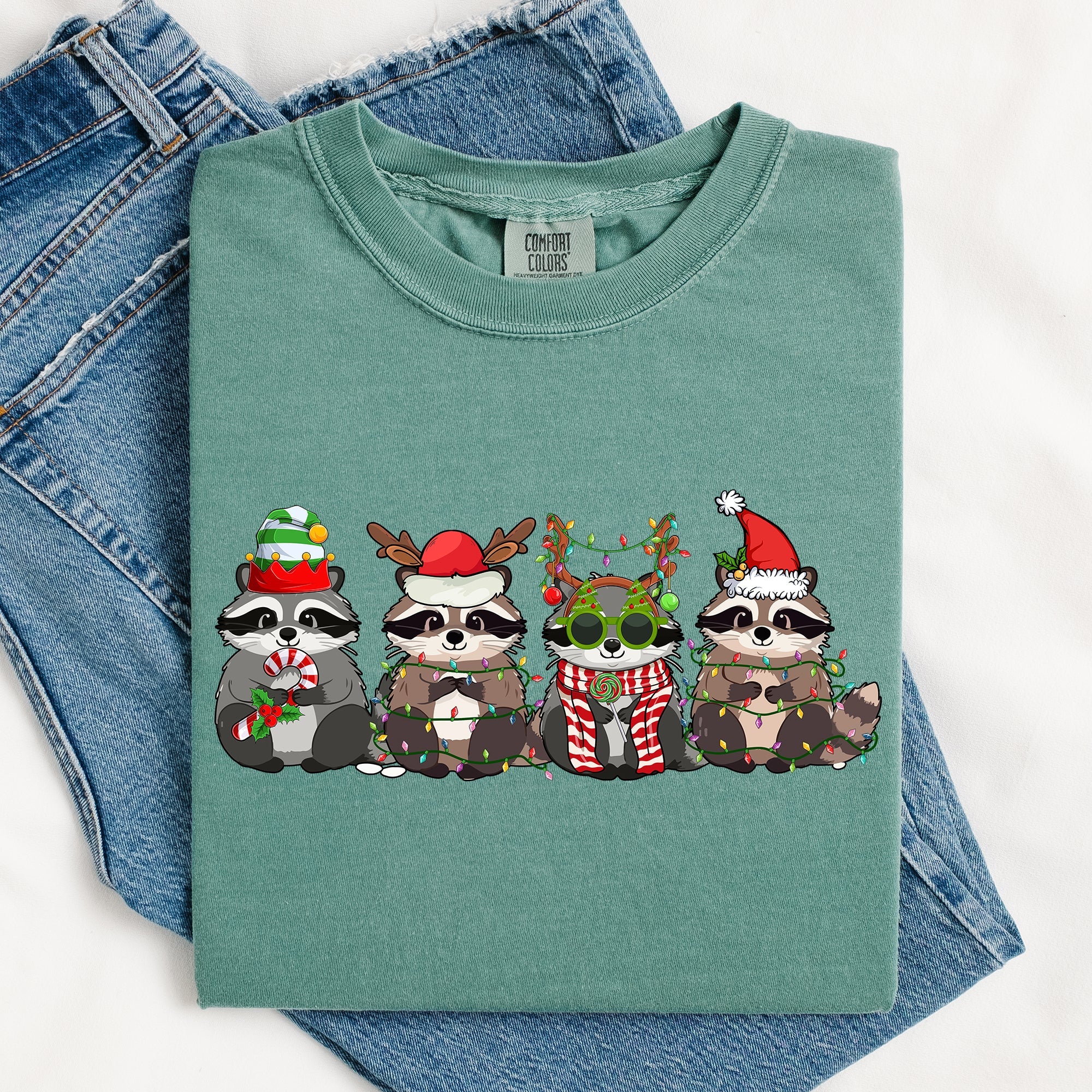 Christmas Raccoons Santa Winter Wonderland Holiday Scene Cozy Vintage Warm Comfort Colors Tee