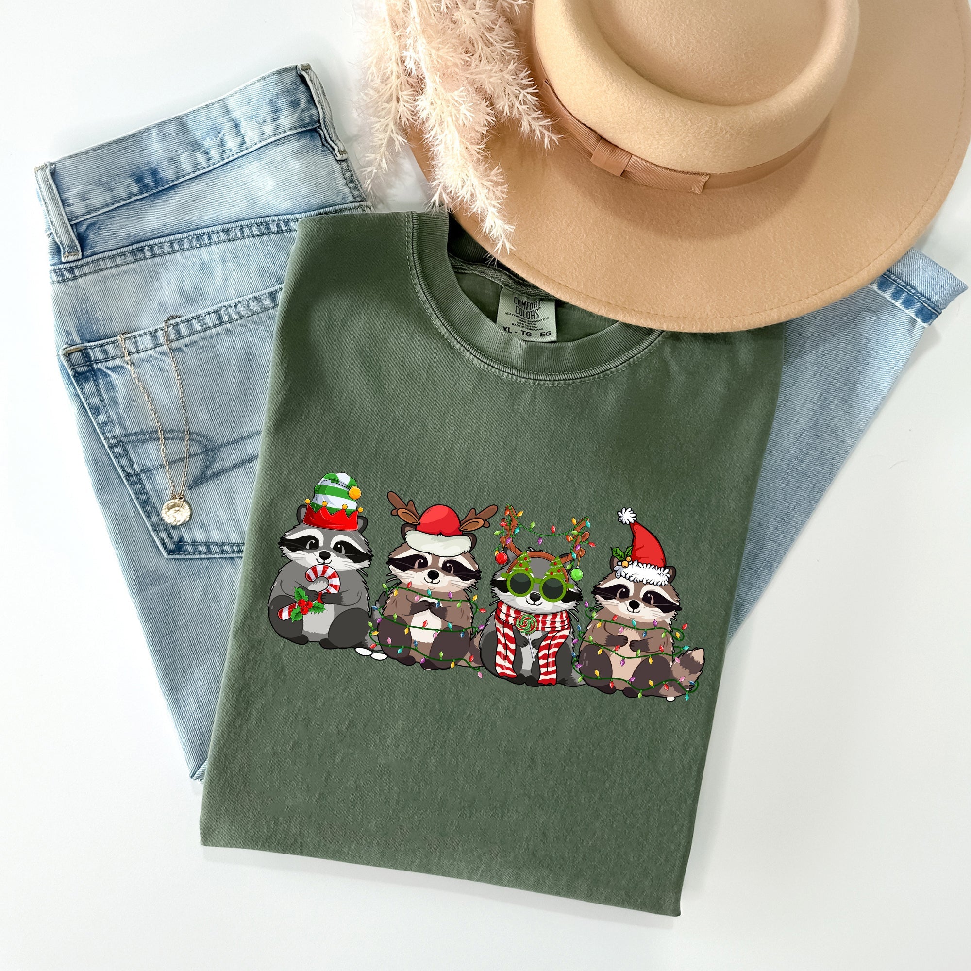Christmas Raccoons Santa Winter Wonderland Holiday Scene Cozy Vintage Warm Comfort Colors Tee