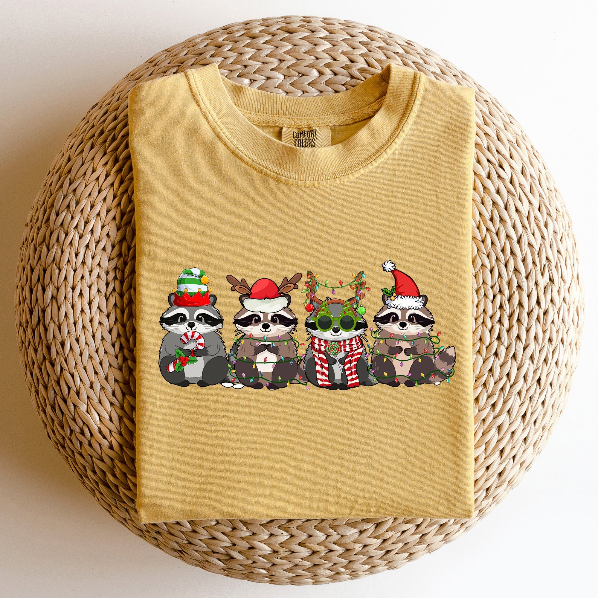 Christmas Raccoons Santa Winter Wonderland Holiday Scene Cozy Vintage Warm Comfort Colors Tee