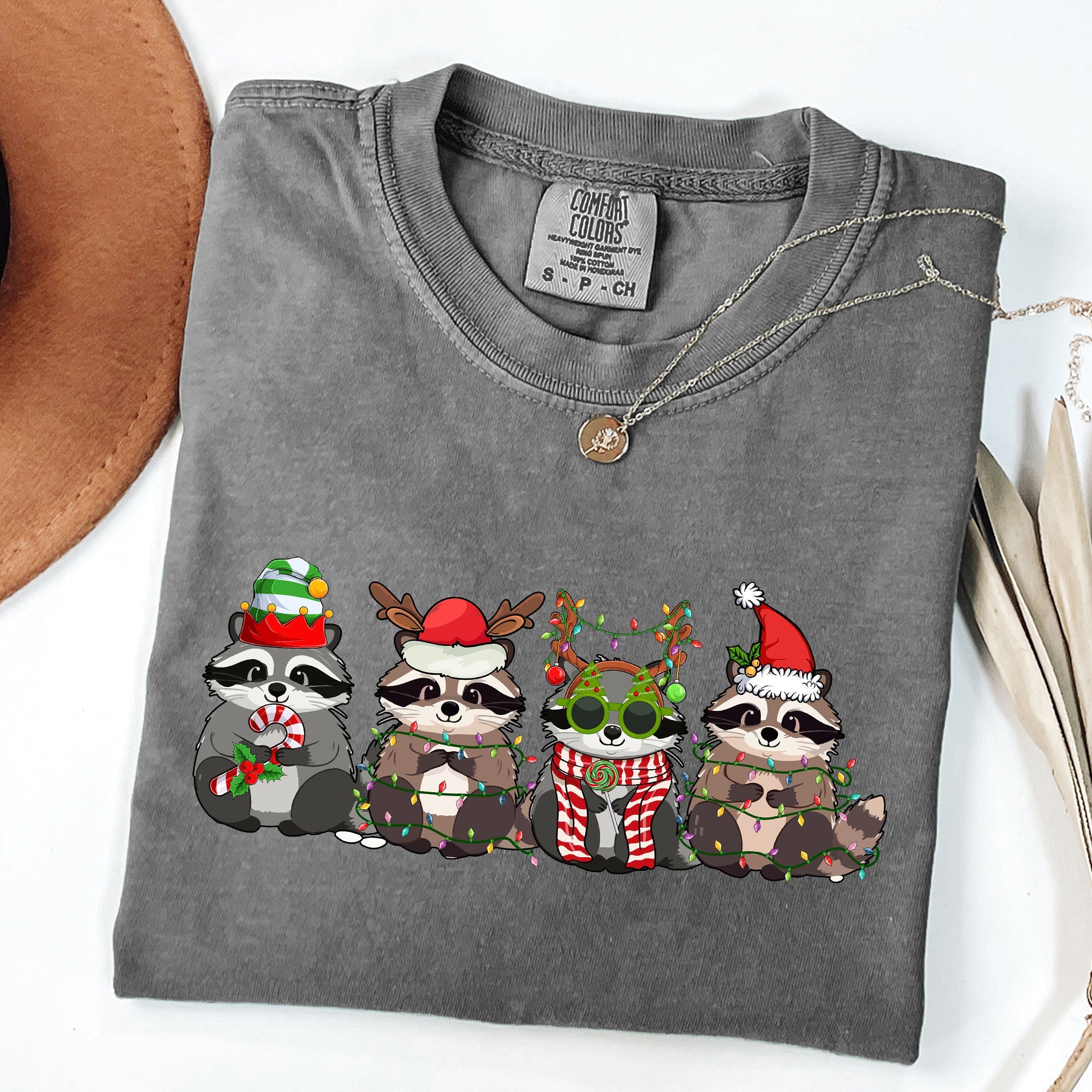Christmas Raccoons Santa Winter Wonderland Holiday Scene Cozy Vintage Warm Comfort Colors Tee