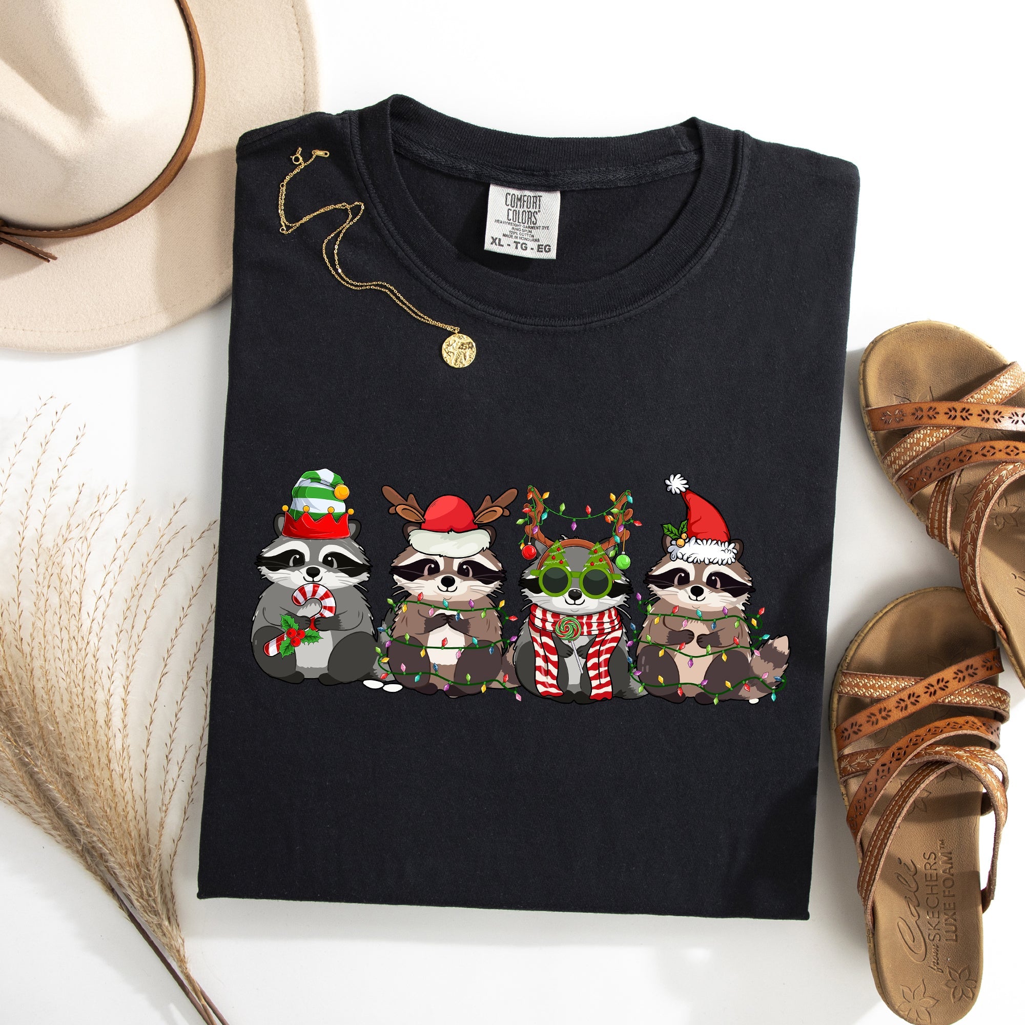 Christmas Raccoons Santa Winter Wonderland Holiday Scene Cozy Vintage Warm Comfort Colors Tee