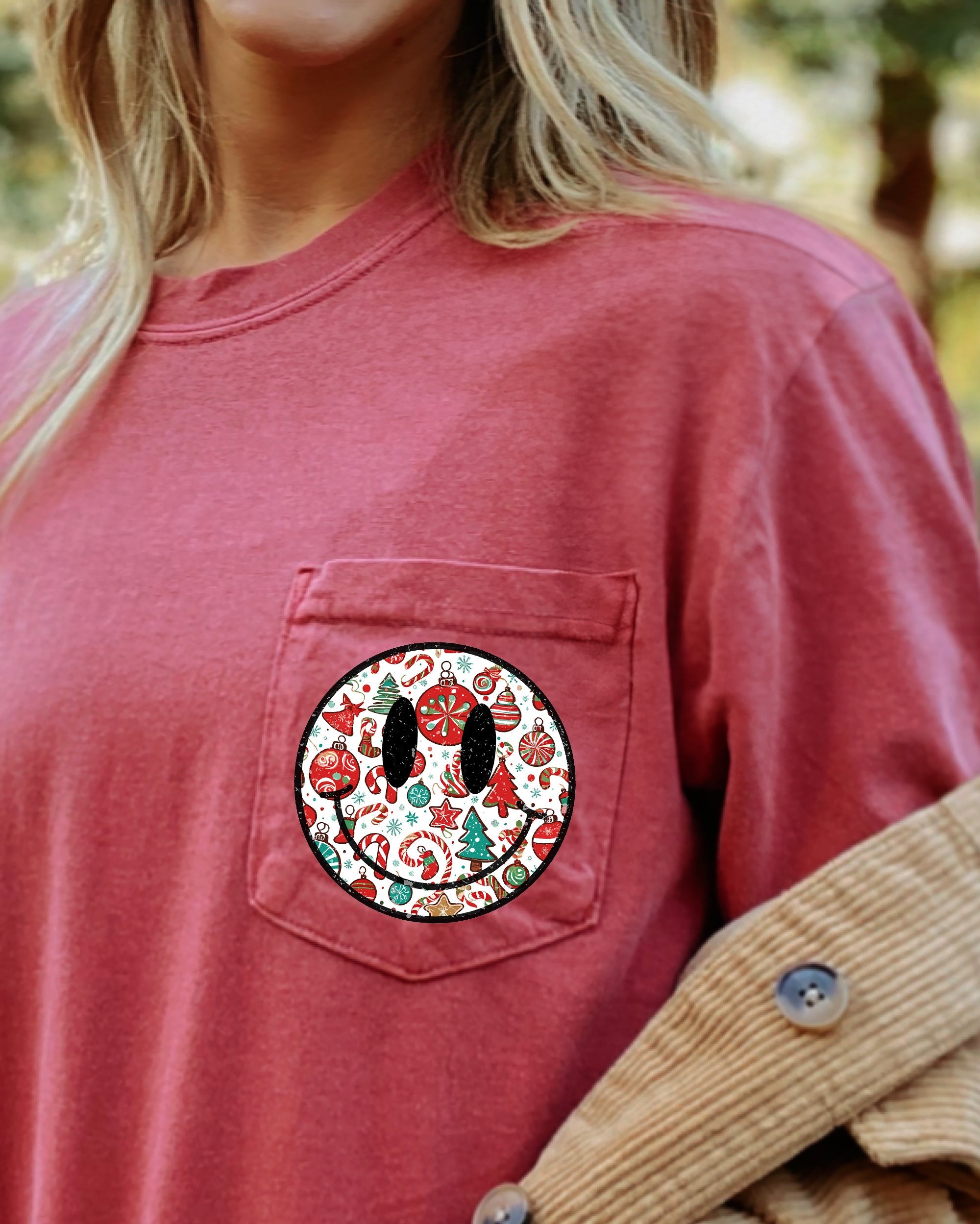 Christmas Retro Smiley Pocket Santa Xmas Winter Snow Holiday Cheer Vintage Graphic Comfort Colors Tee