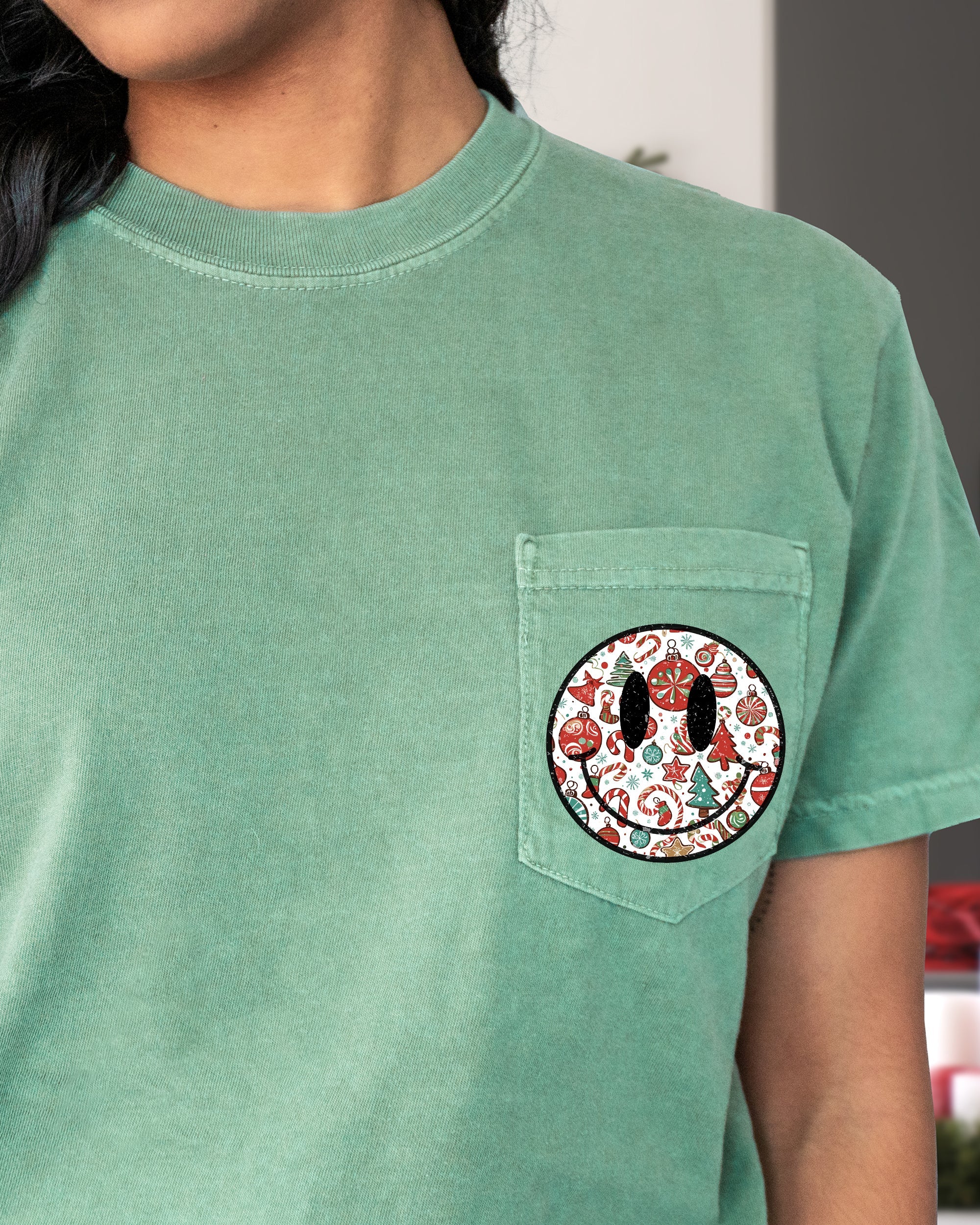 Christmas Retro Smiley Pocket Santa Xmas Winter Snow Holiday Cheer Vintage Graphic Comfort Colors Tee