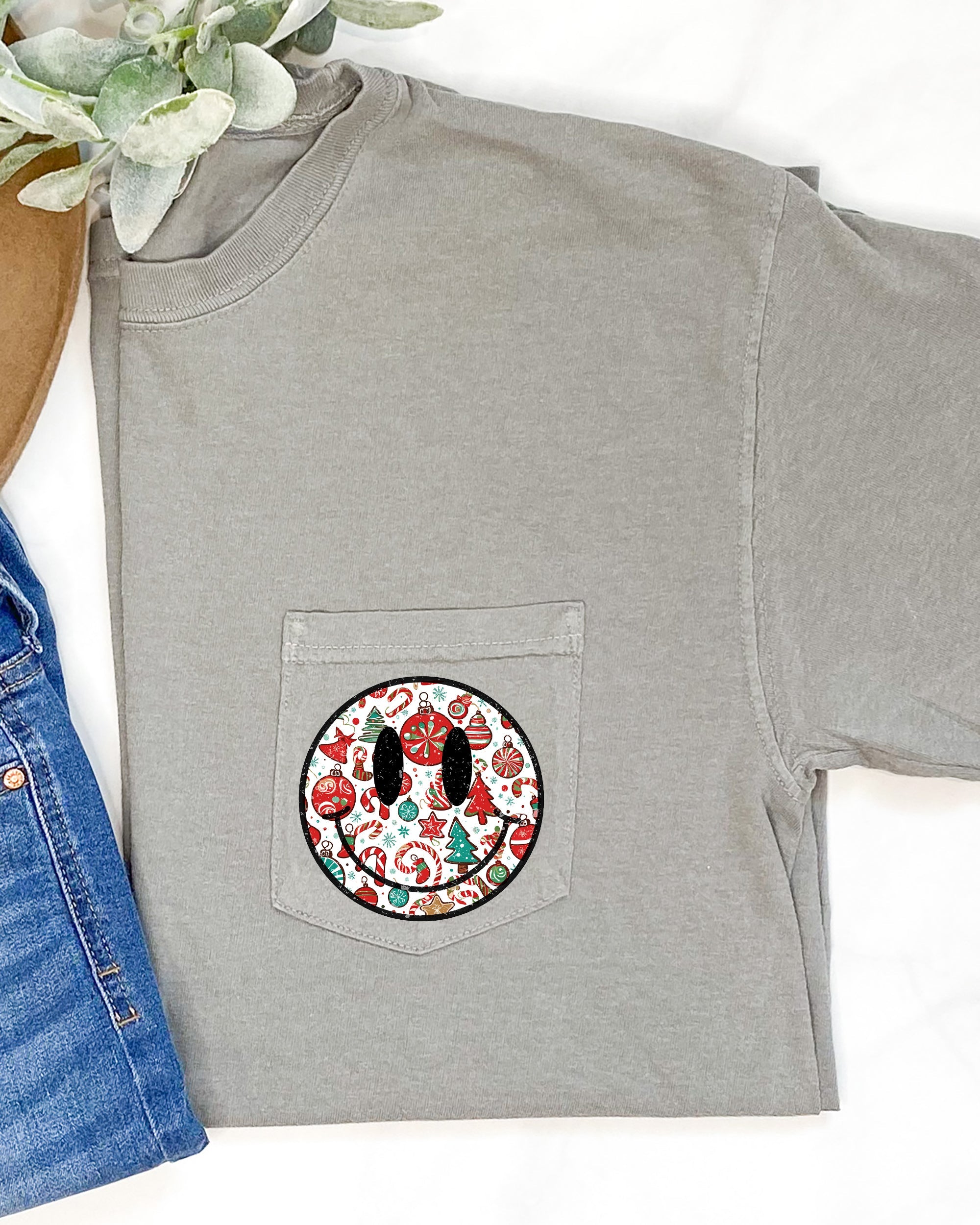 Christmas Retro Smiley Pocket Santa Xmas Winter Snow Holiday Cheer Vintage Graphic Comfort Colors Tee