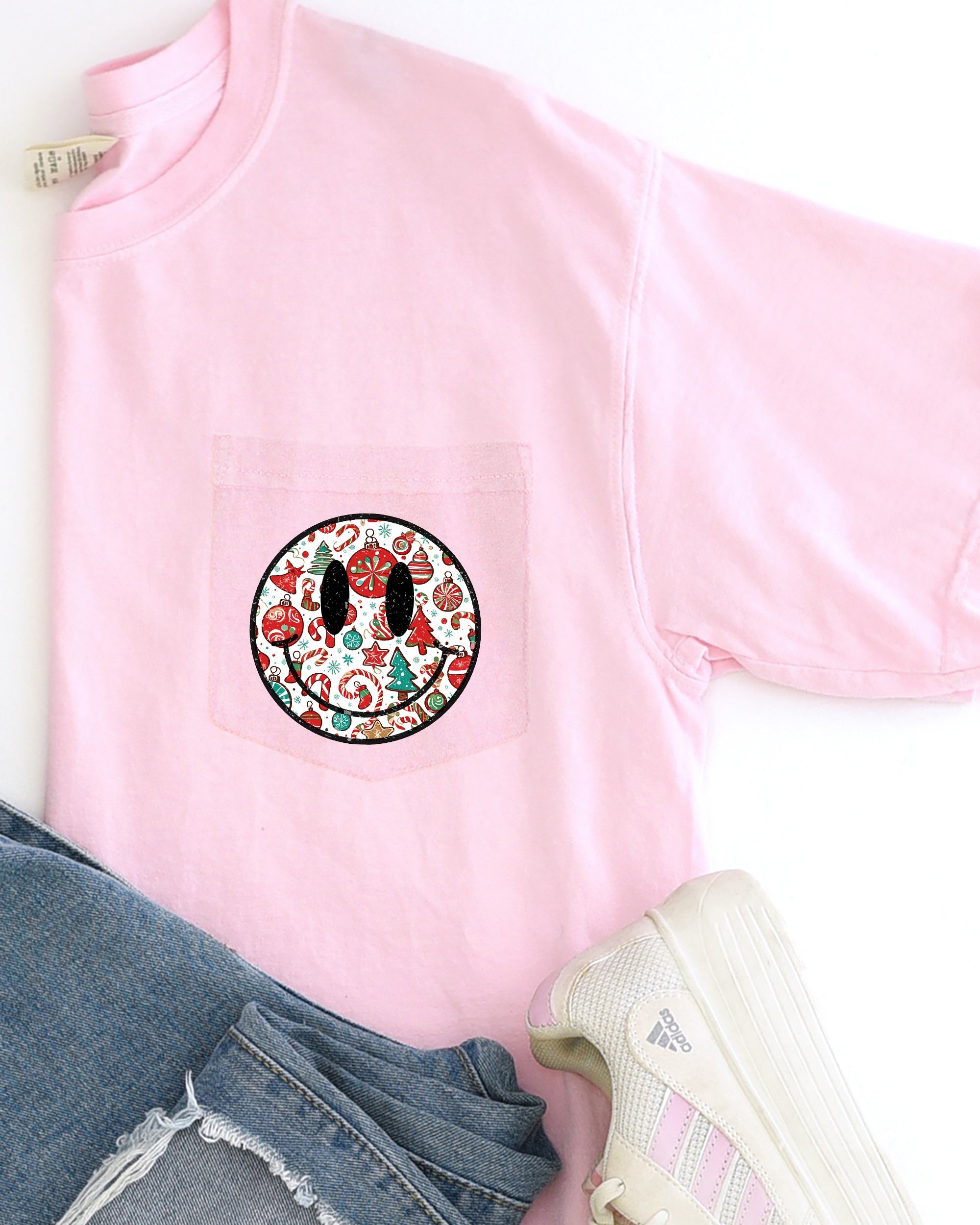 Christmas Retro Smiley Pocket Santa Xmas Winter Snow Holiday Cheer Vintage Graphic Comfort Colors Tee