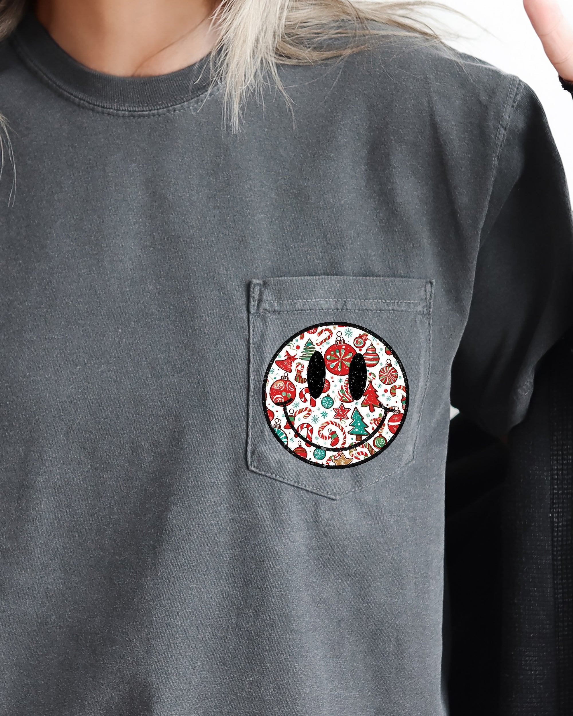 Christmas Retro Smiley Pocket Santa Xmas Winter Snow Holiday Cheer Vintage Graphic Comfort Colors Tee